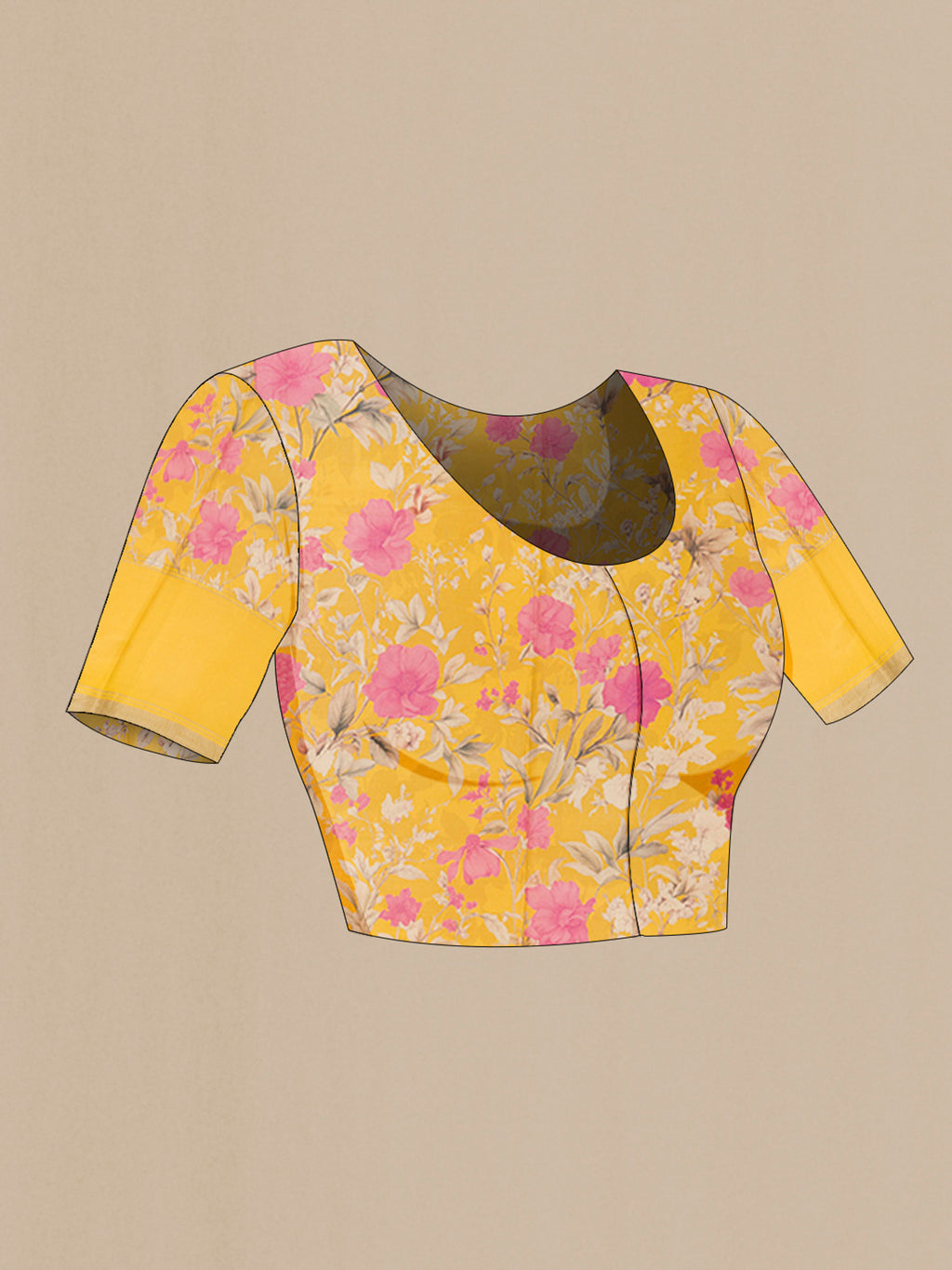 Close up image of the blouse of Yellow Tussar Silk Saree with Stripes on the body and Zari Border. 