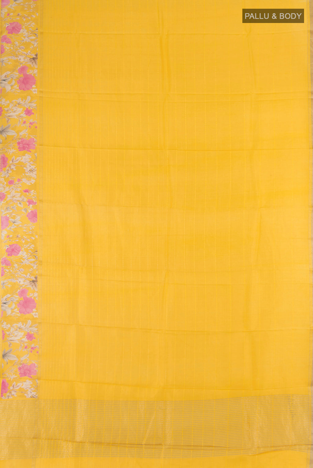 Flat view of Yellow Tussar Silk Saree with Stripes on the body and Zari Border. 