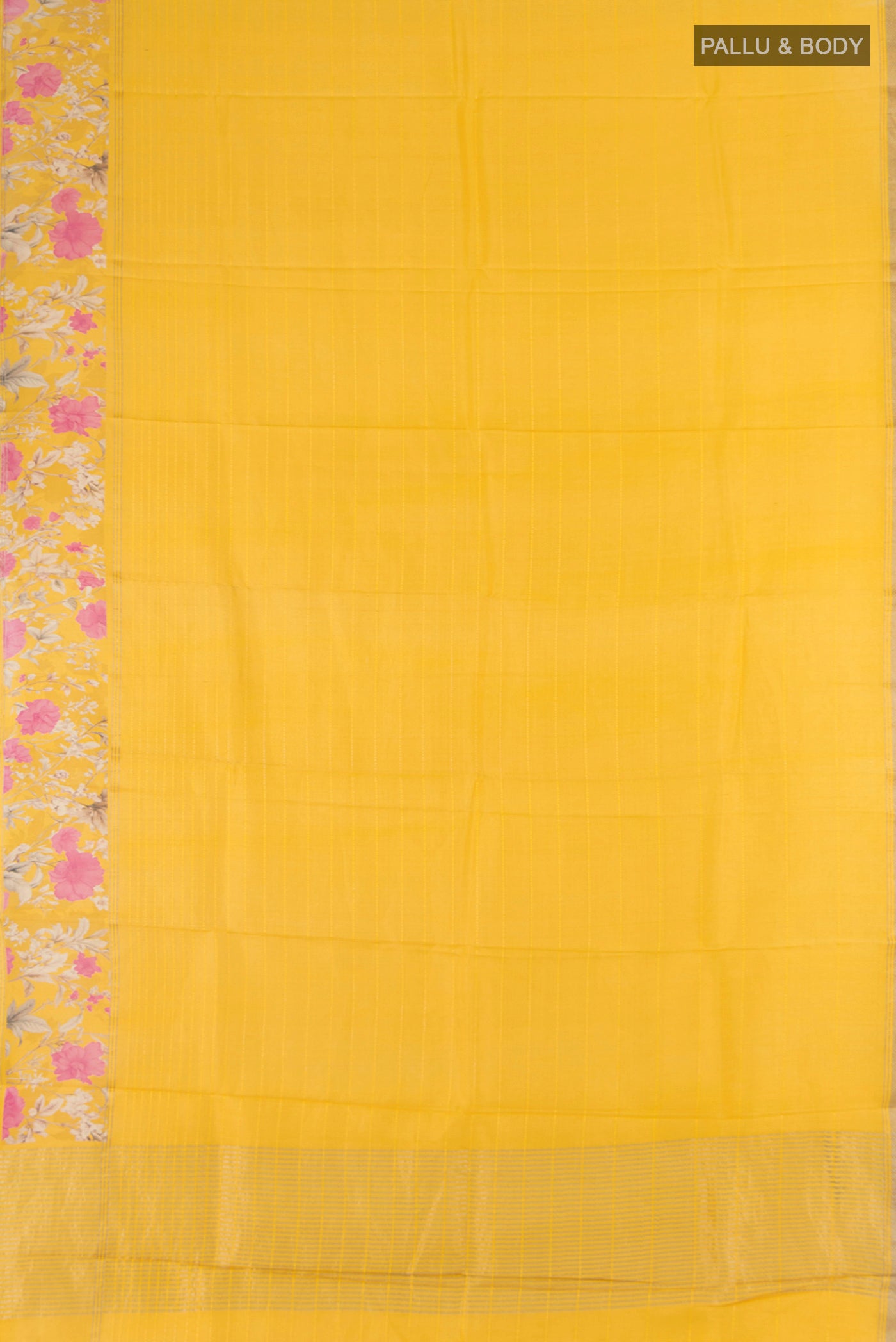 Flat view of Yellow Tussar Silk Saree with Stripes on the body and Zari Border. 