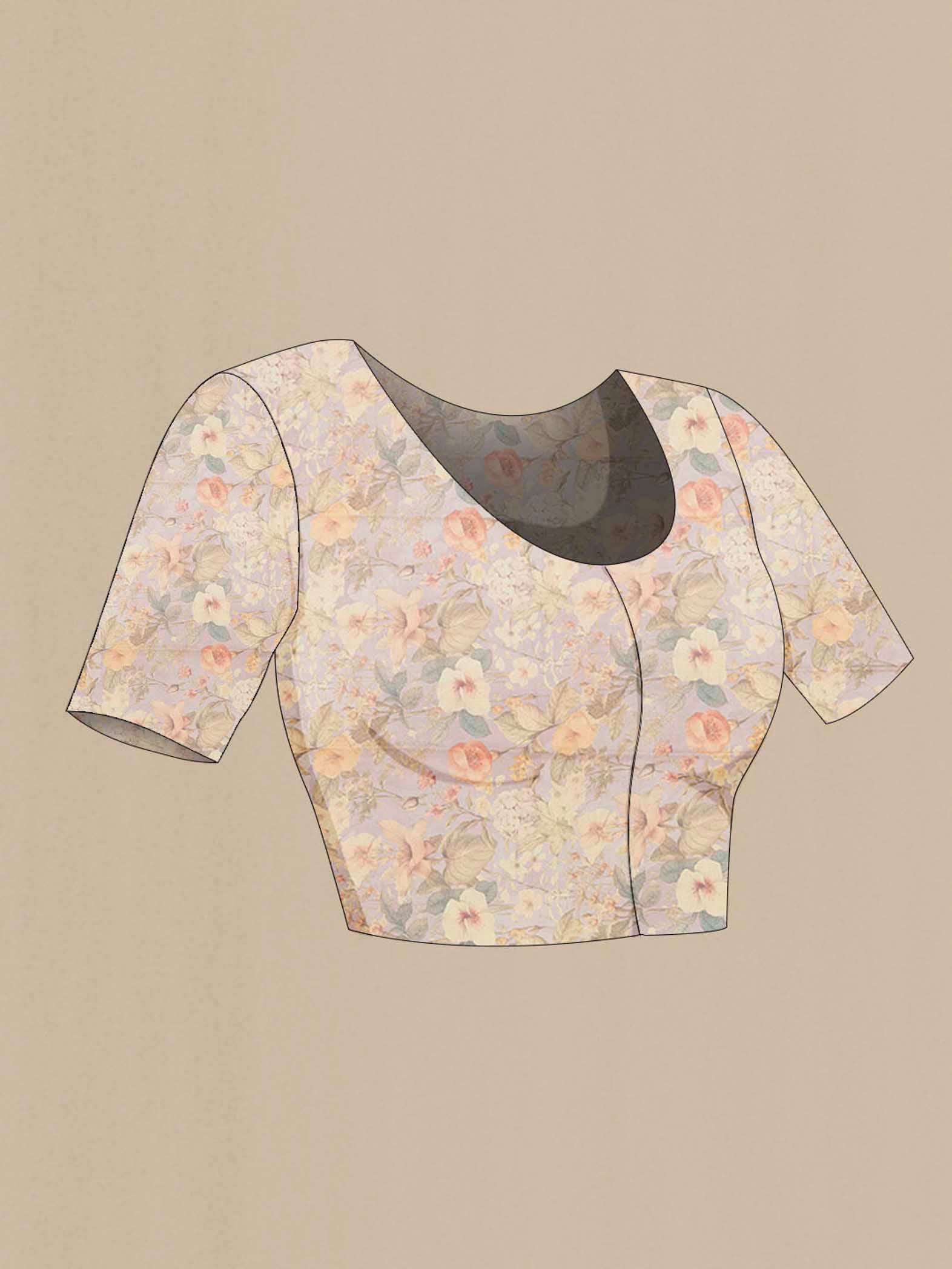 Close up image of the blouse of Lavender Tussar Silk Saree with Floral Print on the body and Thread Border