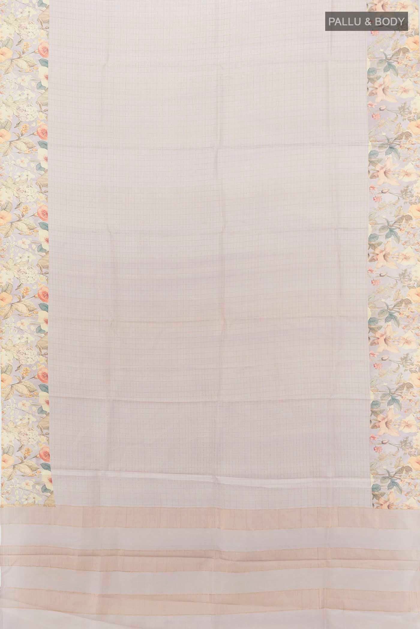 Flat view of Lavender Tussar Silk Saree with Floral Print on the body and Thread Border
