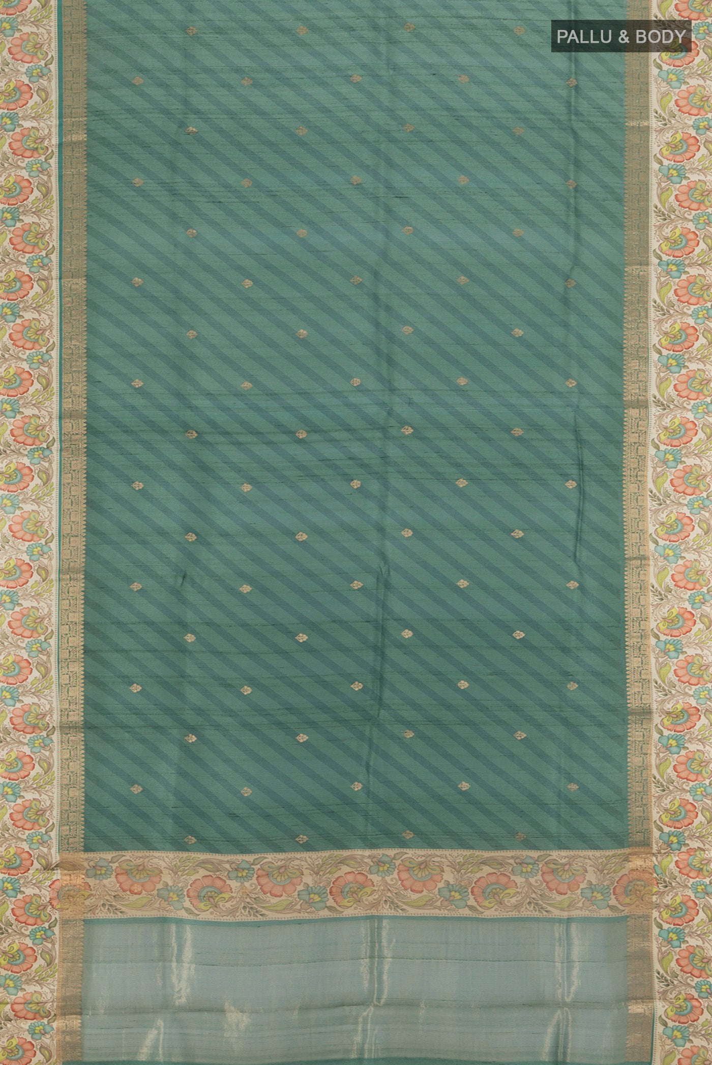 Flat view of Davys Grey Tussar Silk Saree with Zari Butta on the body and Fancy Border. 
