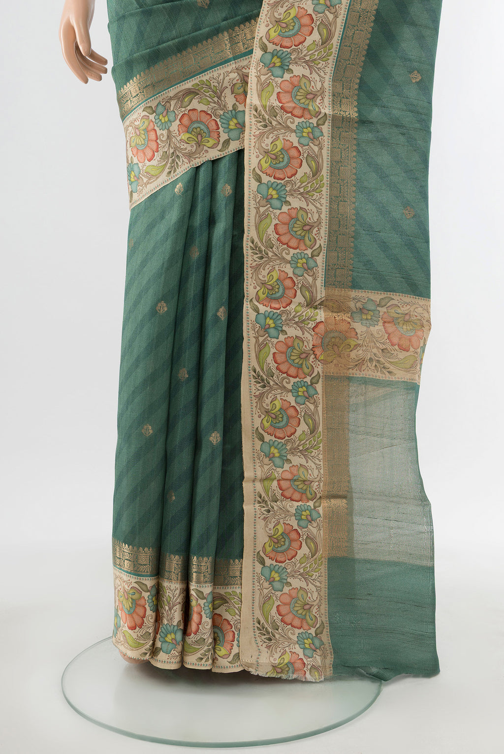Pleats and pallu of Davys Grey Tussar Silk Saree with Zari Butta on the body and Fancy Border. 