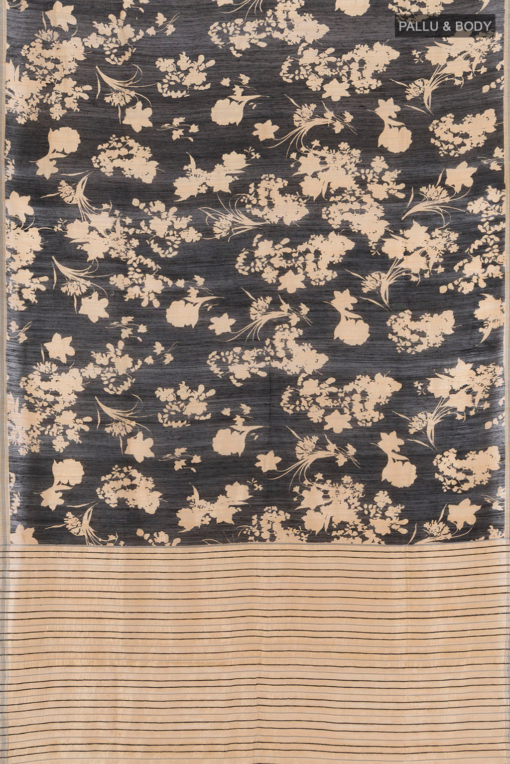 Flat view of Black Tussar Silk Saree with Floral Print on the body and Plain Border. 