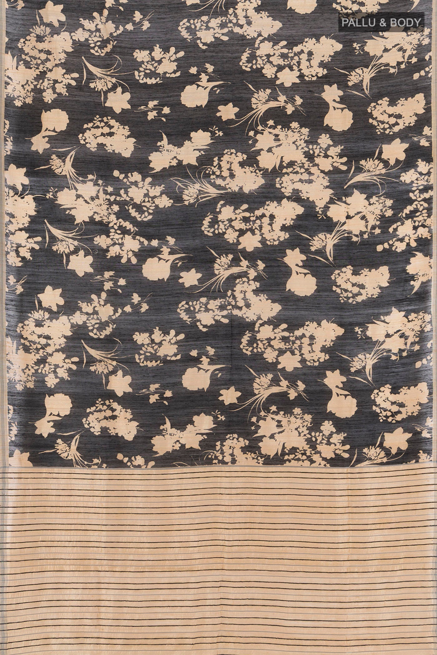 Flat view of Black Tussar Silk Saree with Floral Print on the body and Plain Border. 
