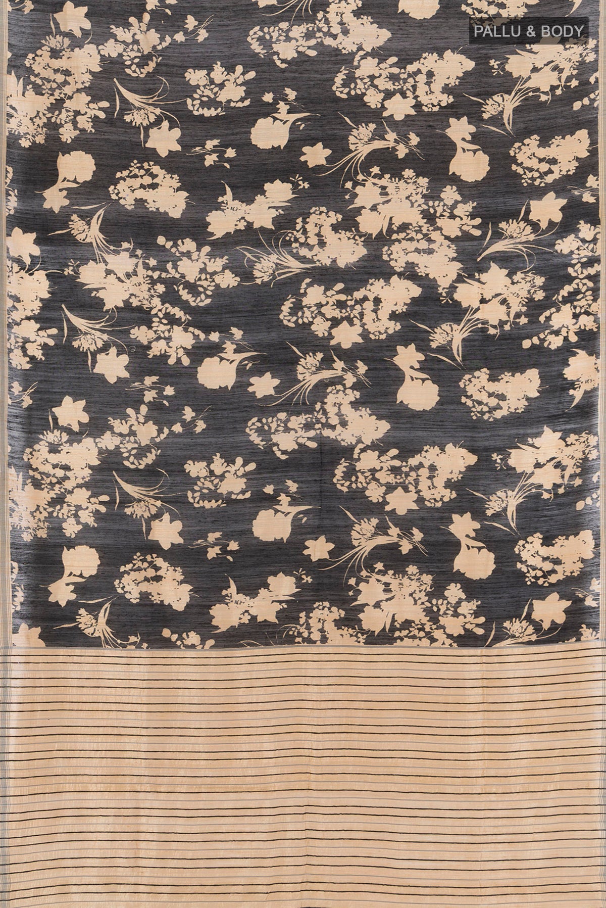 Flat view of Black Tussar Silk Saree with Floral Print on the body and Plain Border. 