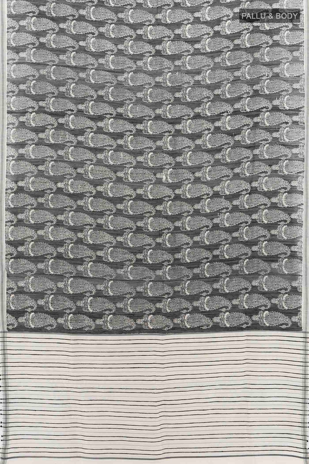 Flat view of Black Tussar Silk Saree with Zari Butta on the body and Zari Border