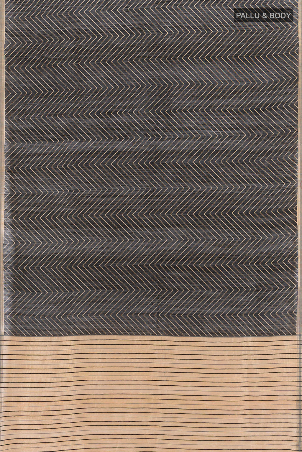 Flat view of Black Tussar Silk Saree with Zig Zag design on the body and Plain Border. 