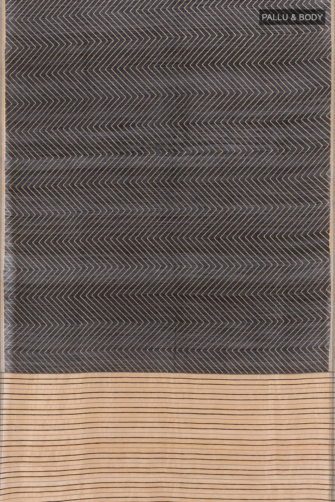 Flat view of Black Tussar Silk Saree with Zig Zag design on the body and Plain Border. 