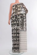 Black Tussar Silk Saree with Floral Print on the body and Plain Border.  displayed on a mannequin