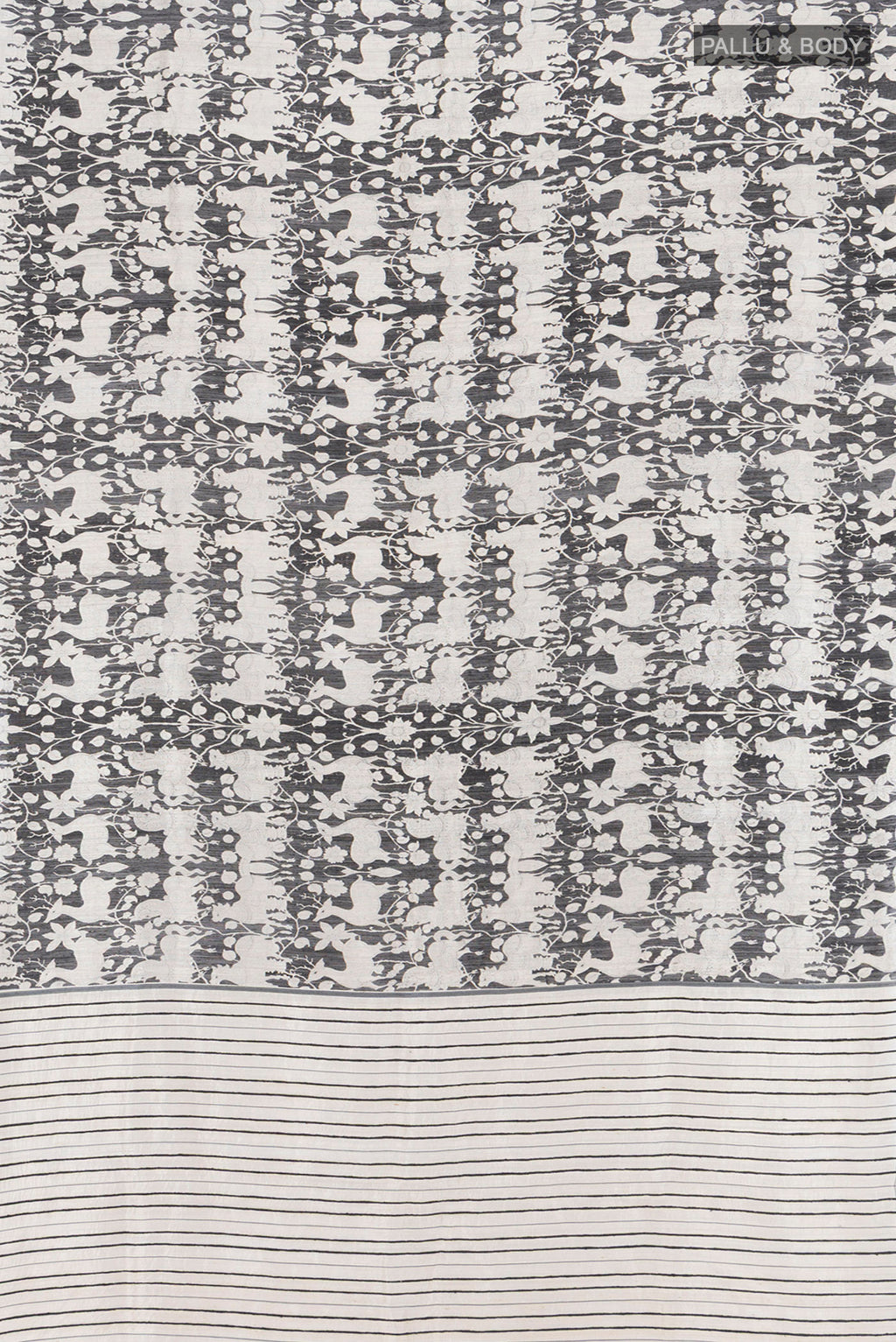 Flat view of Black Tussar Silk Saree with Floral Print on the body and Plain Border. 