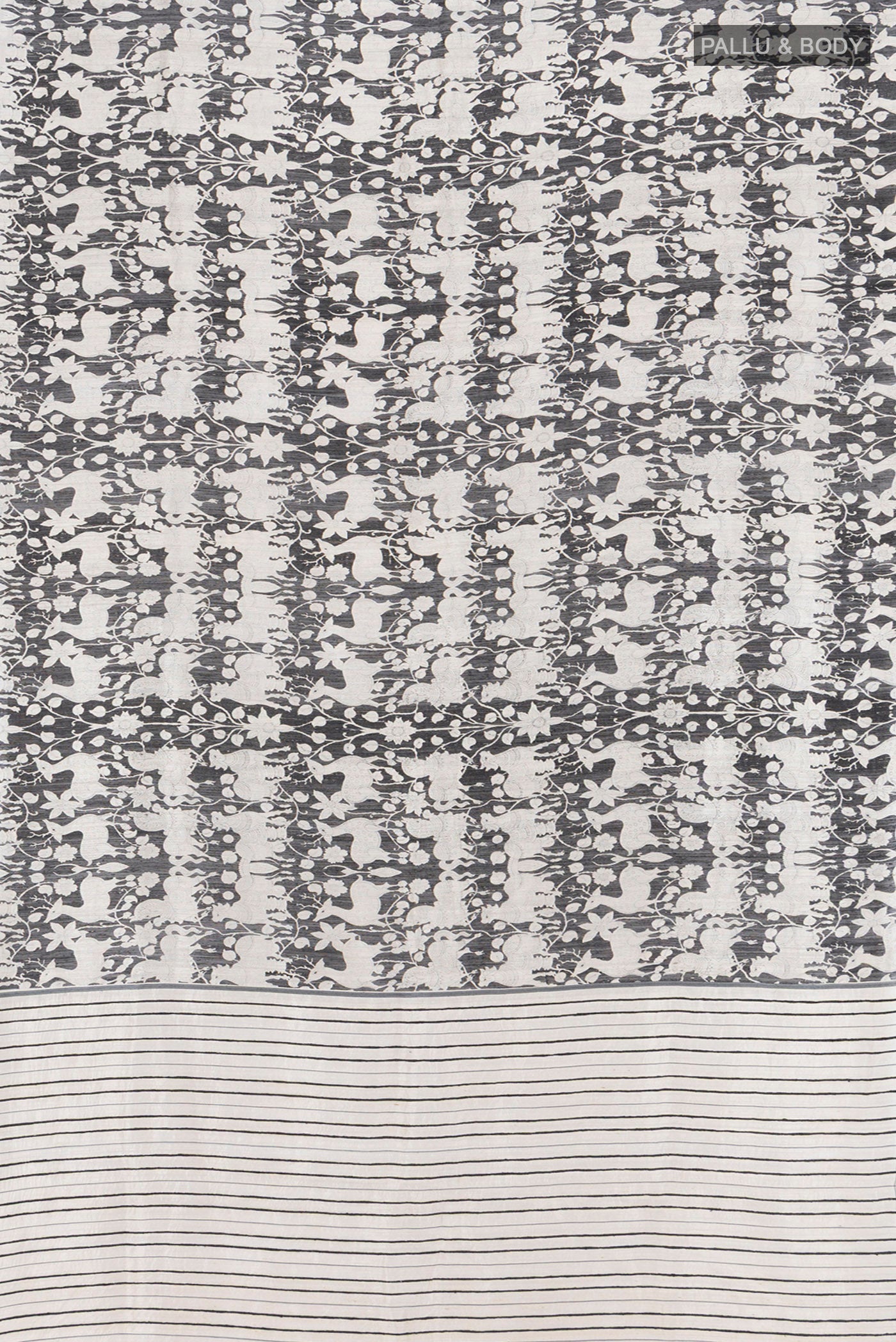Flat view of Black Tussar Silk Saree with Floral Print on the body and Plain Border. 