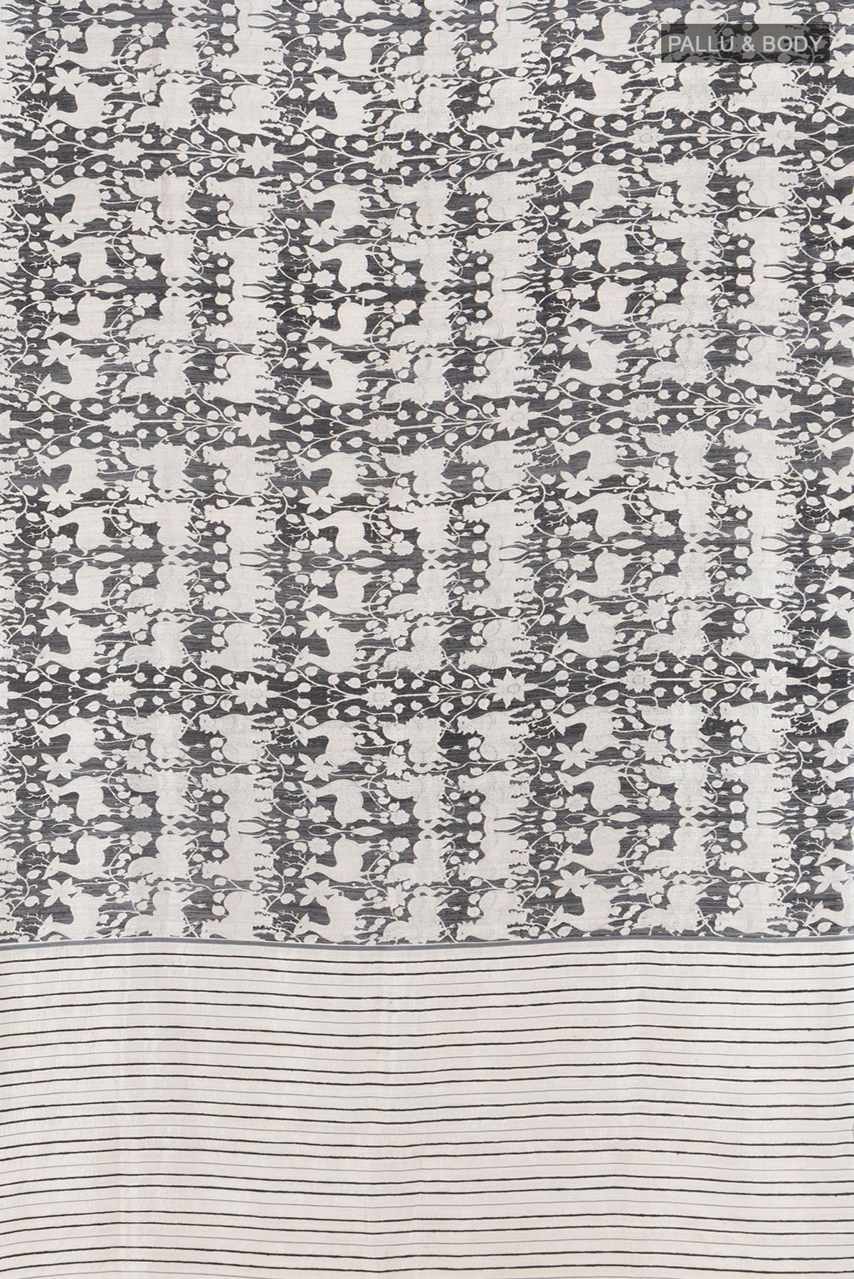 Flat view of Black Tussar Silk Saree with Floral Print on the body and Plain Border. 