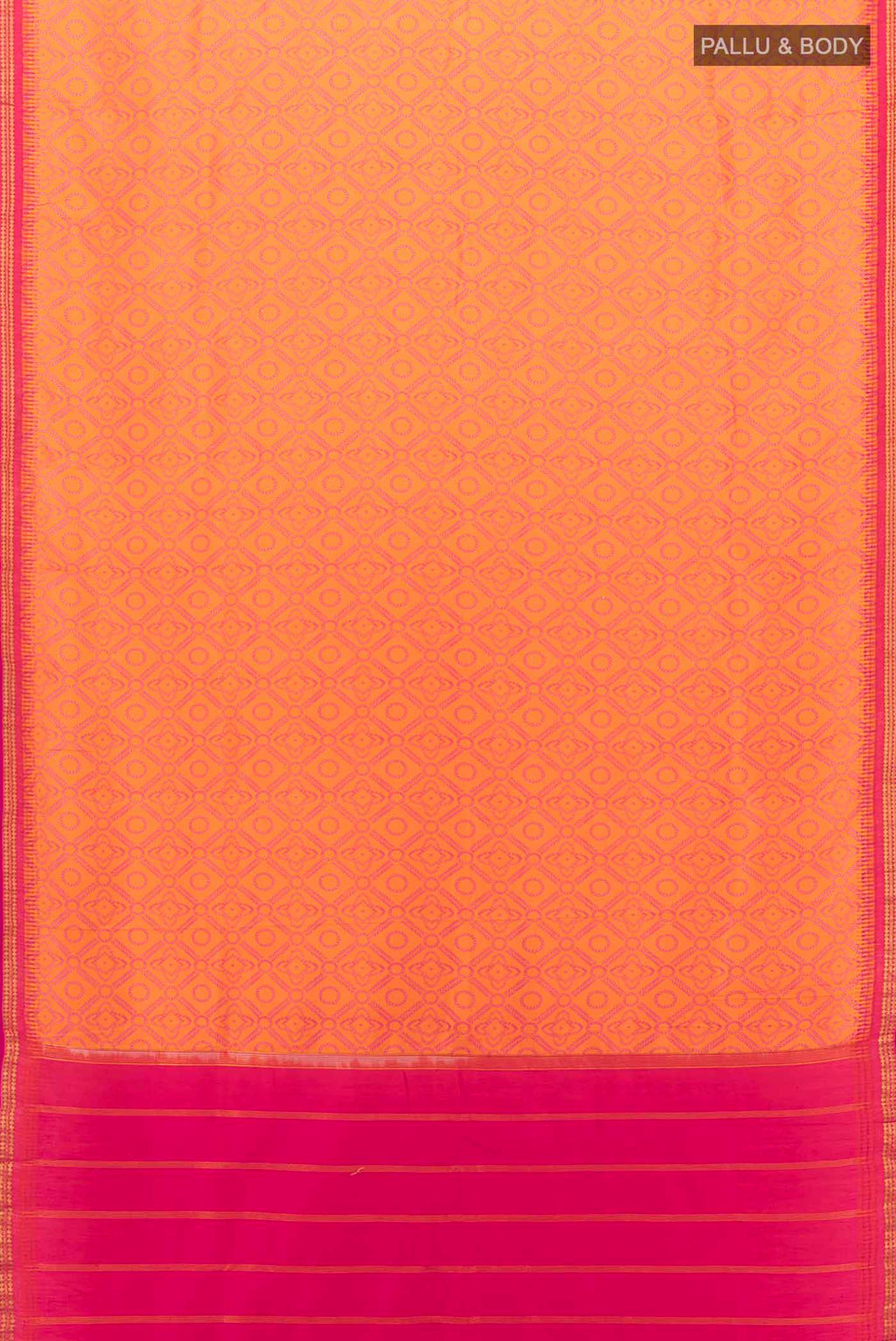 Flat view of Orange Printed Silk Saree with Zari Butta on the body and Silk Border