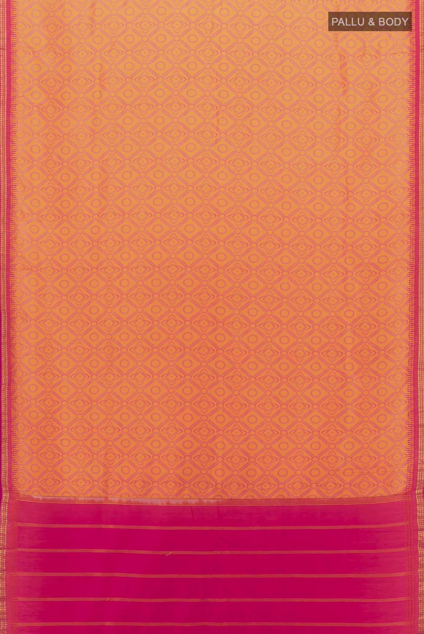 Flat view of Orange Printed Silk Saree with Zari Butta on the body and Silk Border