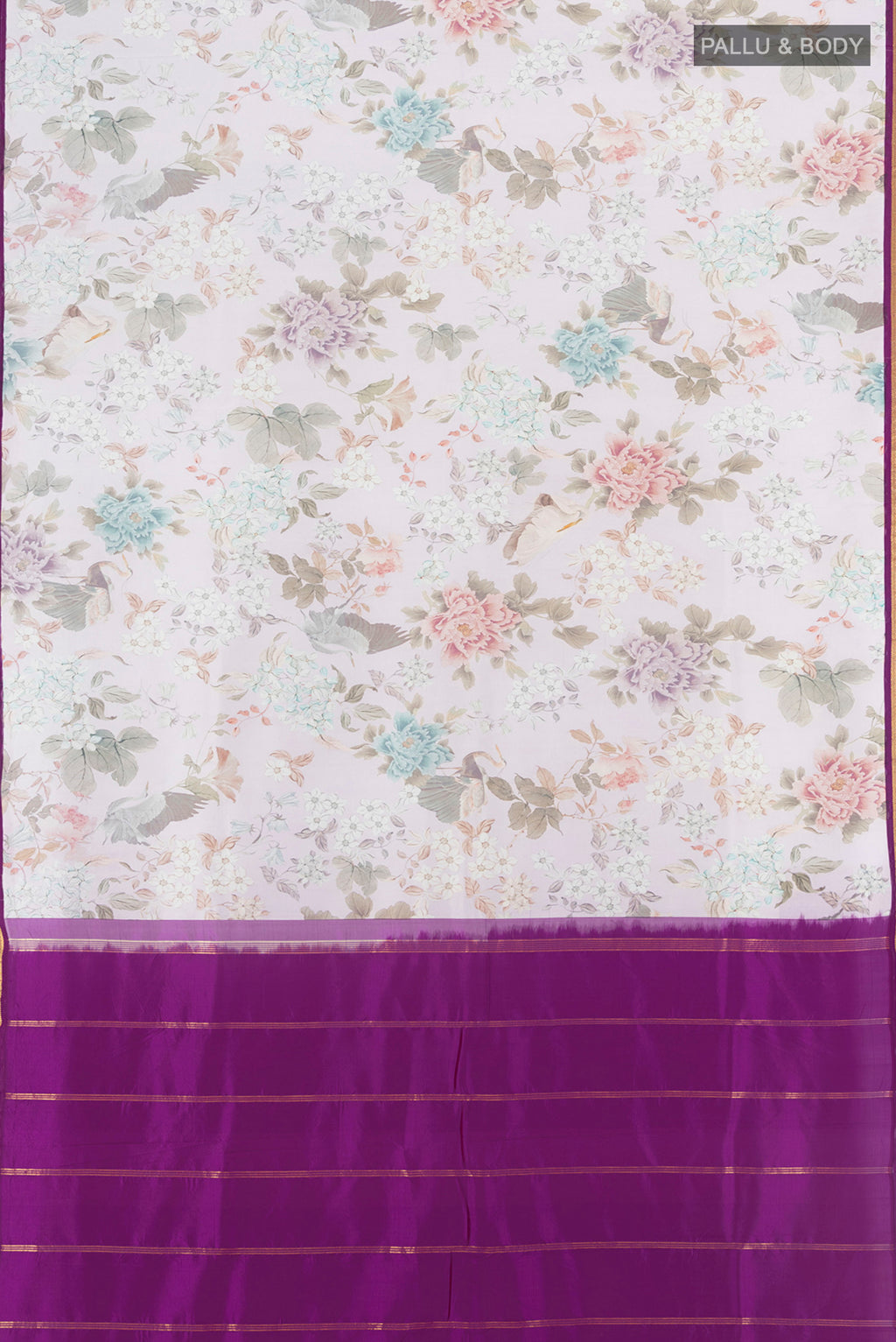 Flat view of Multi Color Printed Silk Saree with Floral Print on the body and Silk Border. 
