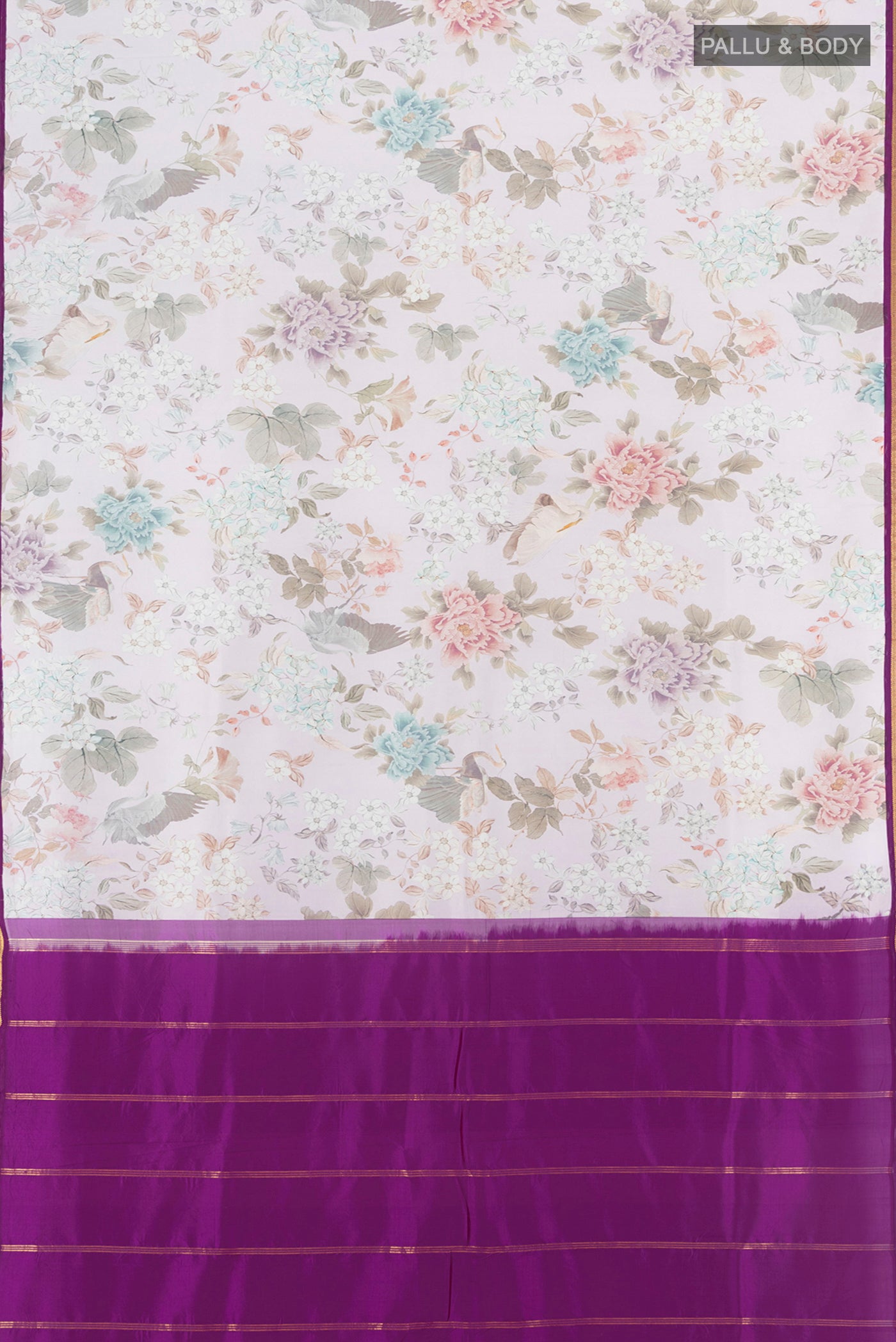 Flat view of Multi Color Printed Silk Saree with Floral Print on the body and Silk Border. 