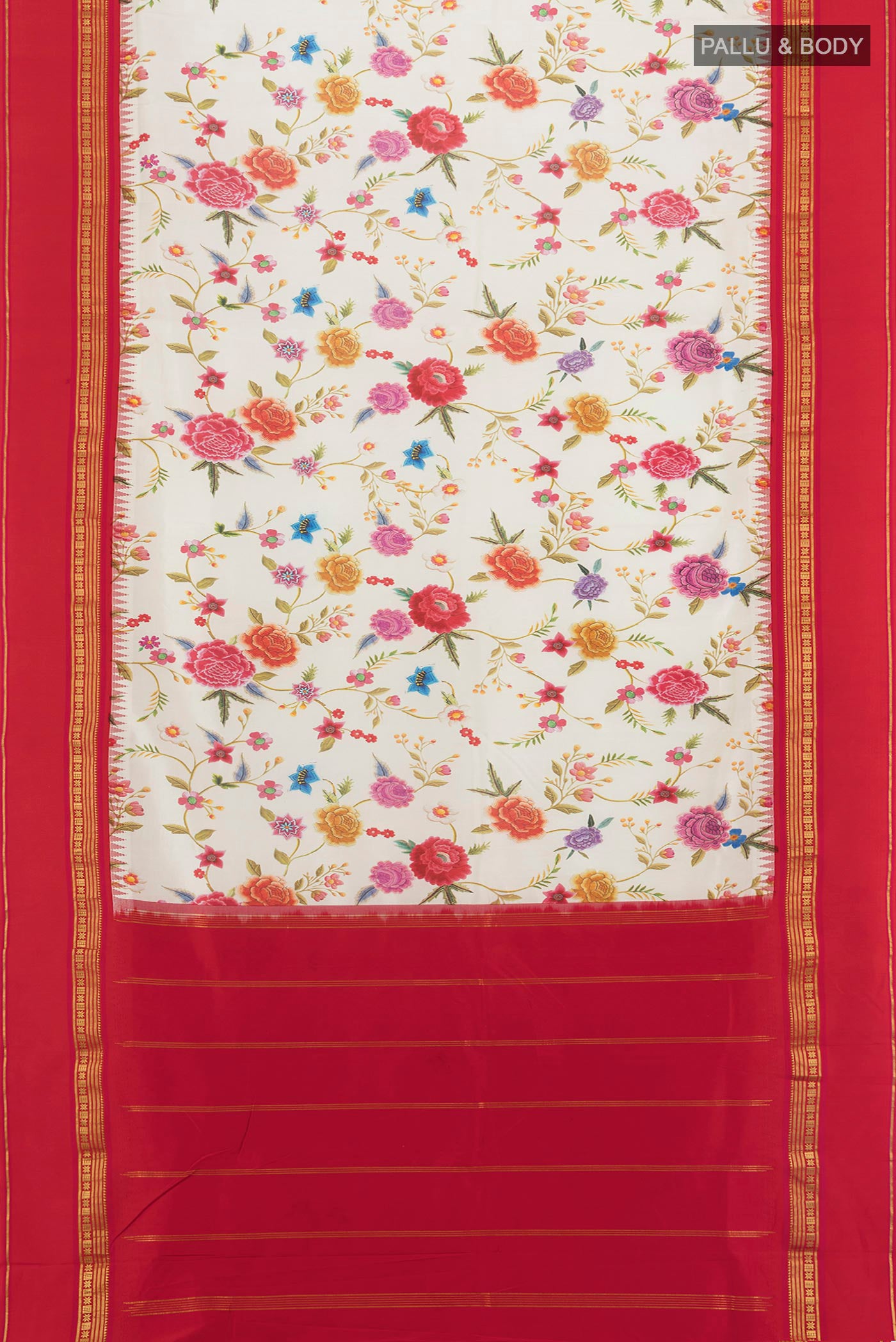Flat view of Off White Printed Silk Saree with Floral Print on the body and Zari Border. 