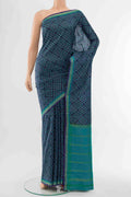 Navy Blue Printed Silk Saree with Floral Print on the body and Fancy Border displayed on a mannequin