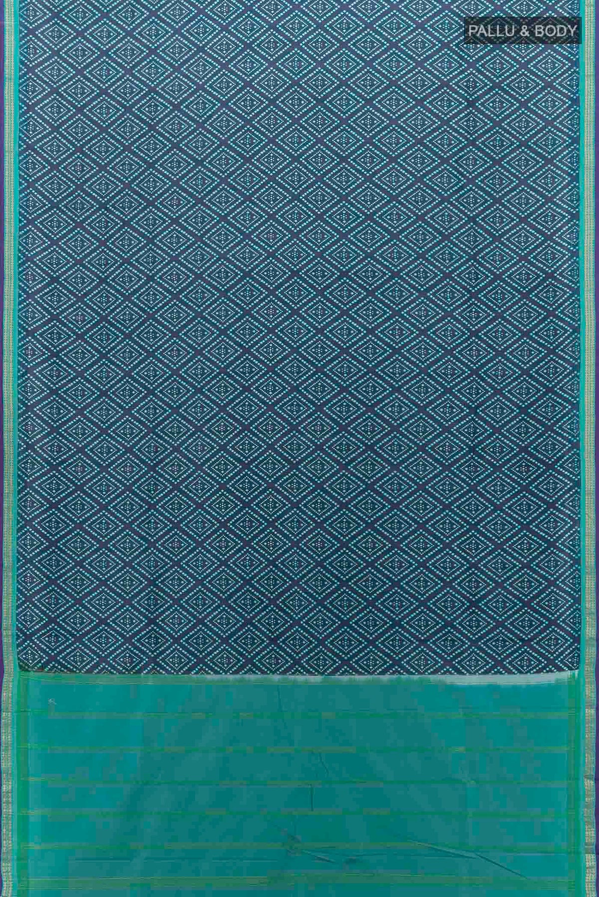 Flat view of Navy Blue Printed Silk Saree with Floral Print on the body and Fancy Border
