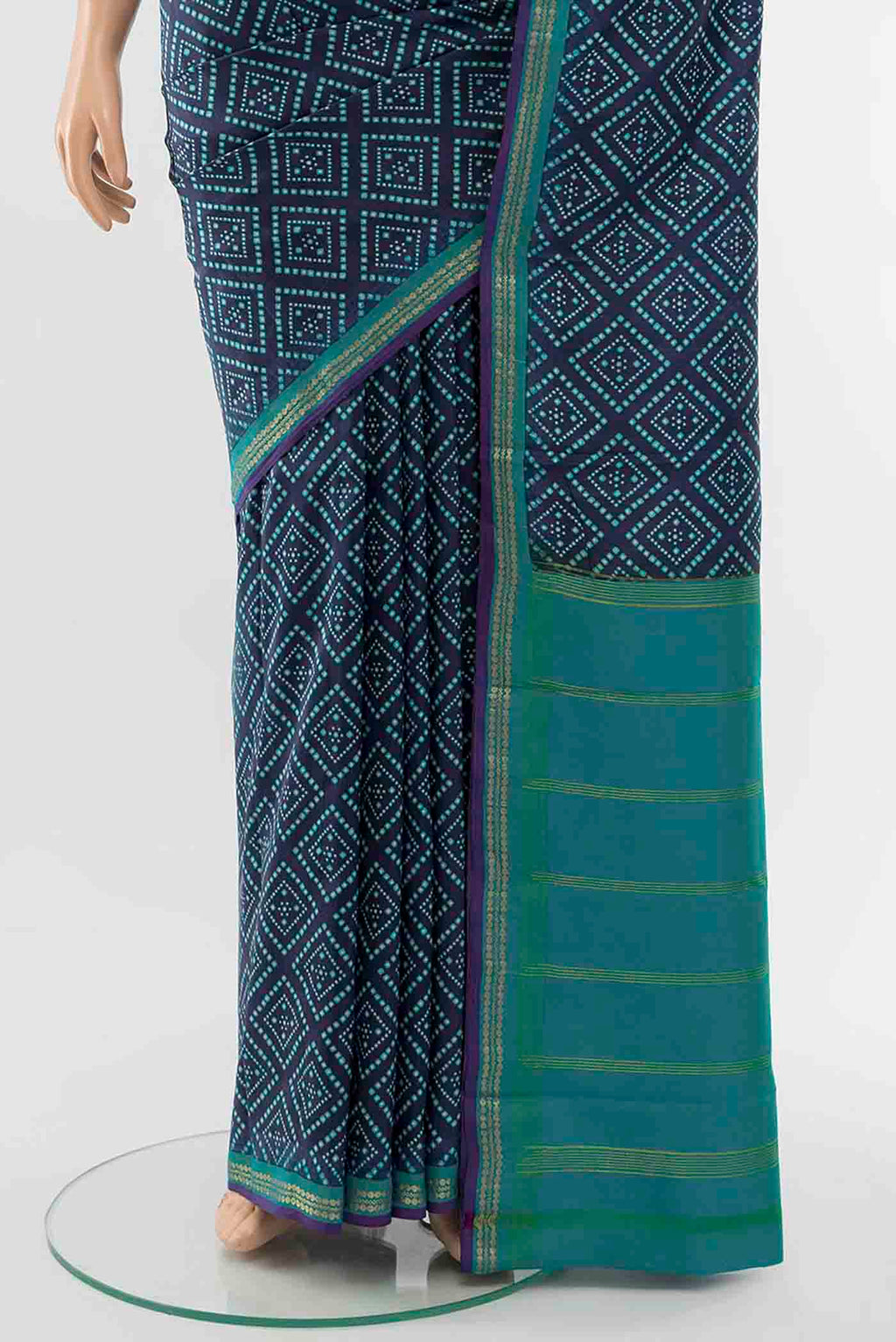 Pleats and pallu of Navy Blue Printed Silk Saree with Floral Print on the body and Fancy Border