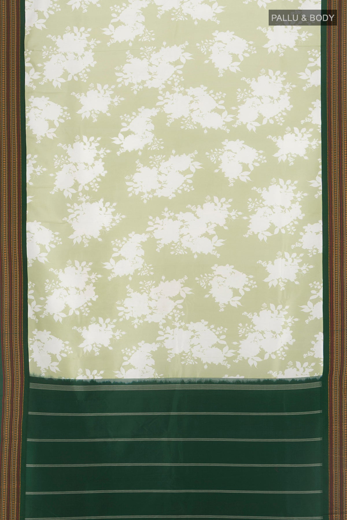 Flat view of Pista Green Printed Silk Saree with Floral Print on the body and Zari Border. 