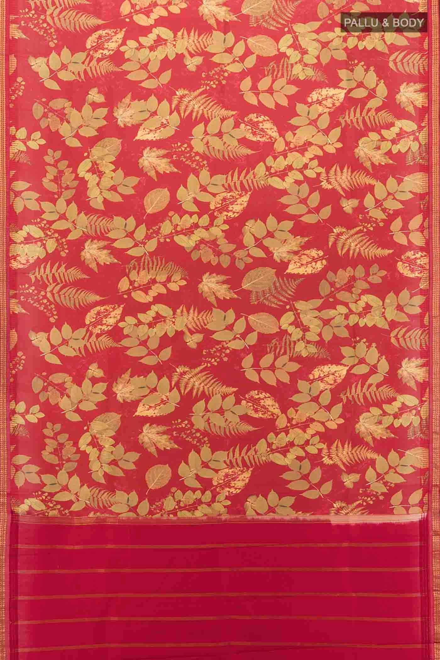 Flat view of Maroon Printed Silk Saree with Floral Print on the body and Fancy Border