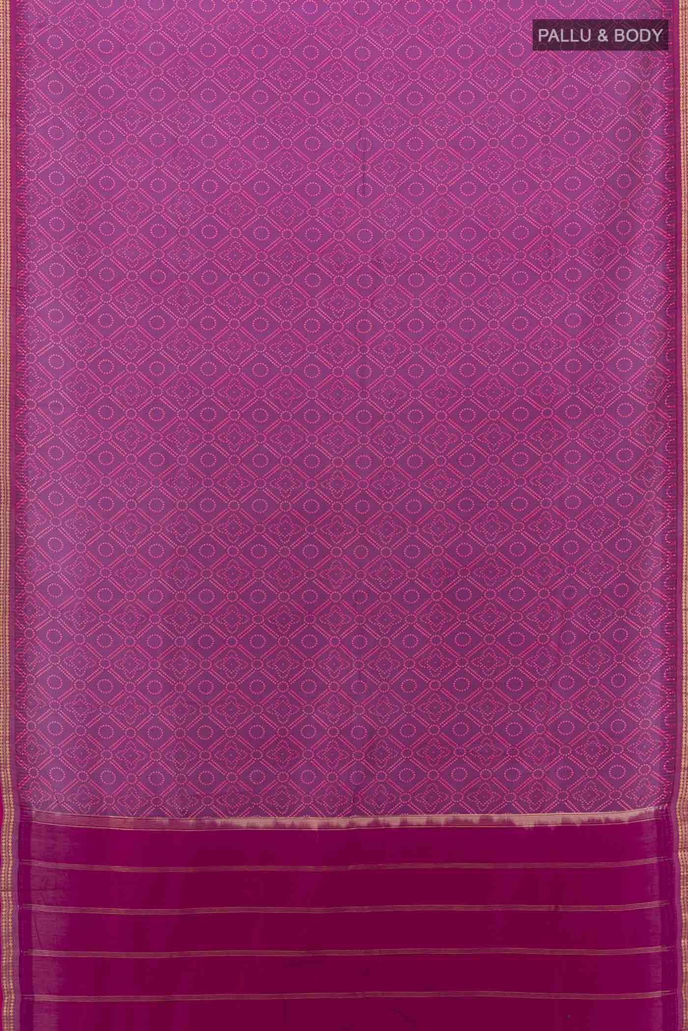 Flat view of Purple Printed Silk Saree with Zari Butta on the body and Silk Border