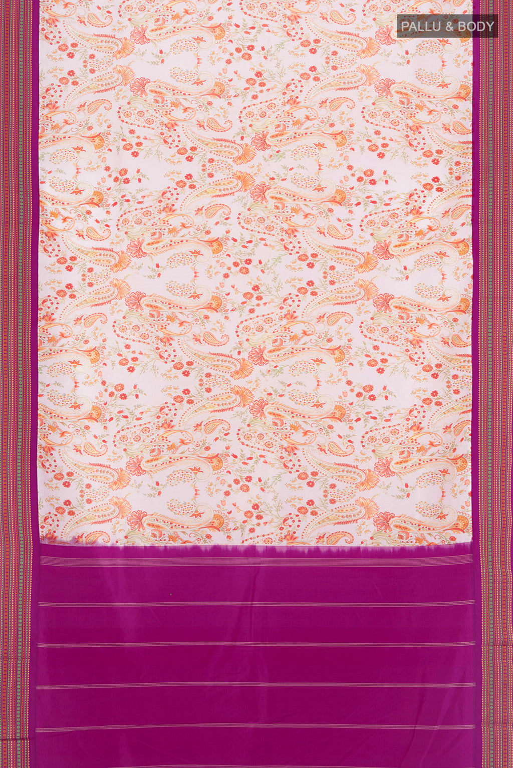 Flat view of Cream Printed Silk Saree with Floral Print on the body and Thread Border. 