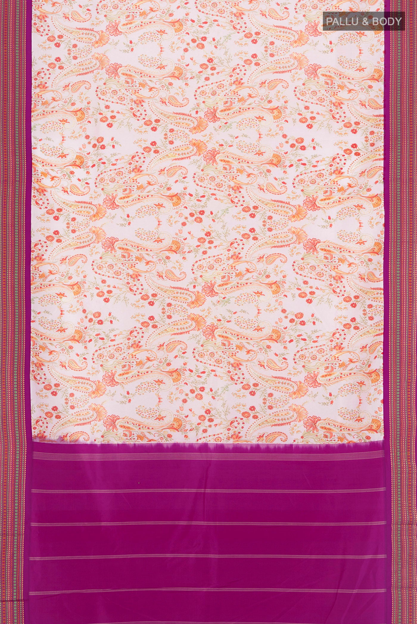 Flat view of Cream Printed Silk Saree with Floral Print on the body and Thread Border. 