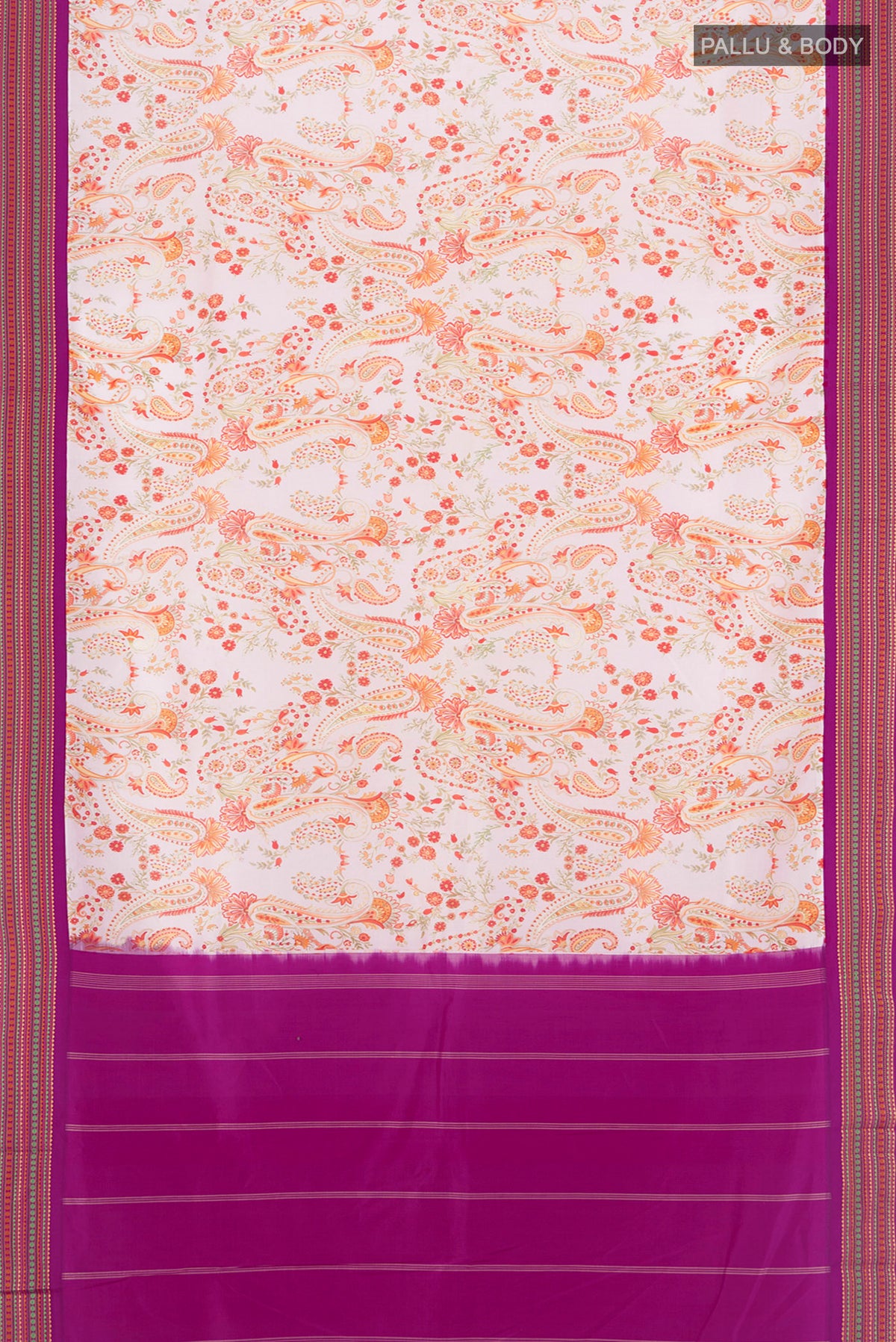 Flat view of Cream Printed Silk Saree with Floral Print on the body and Thread Border. 