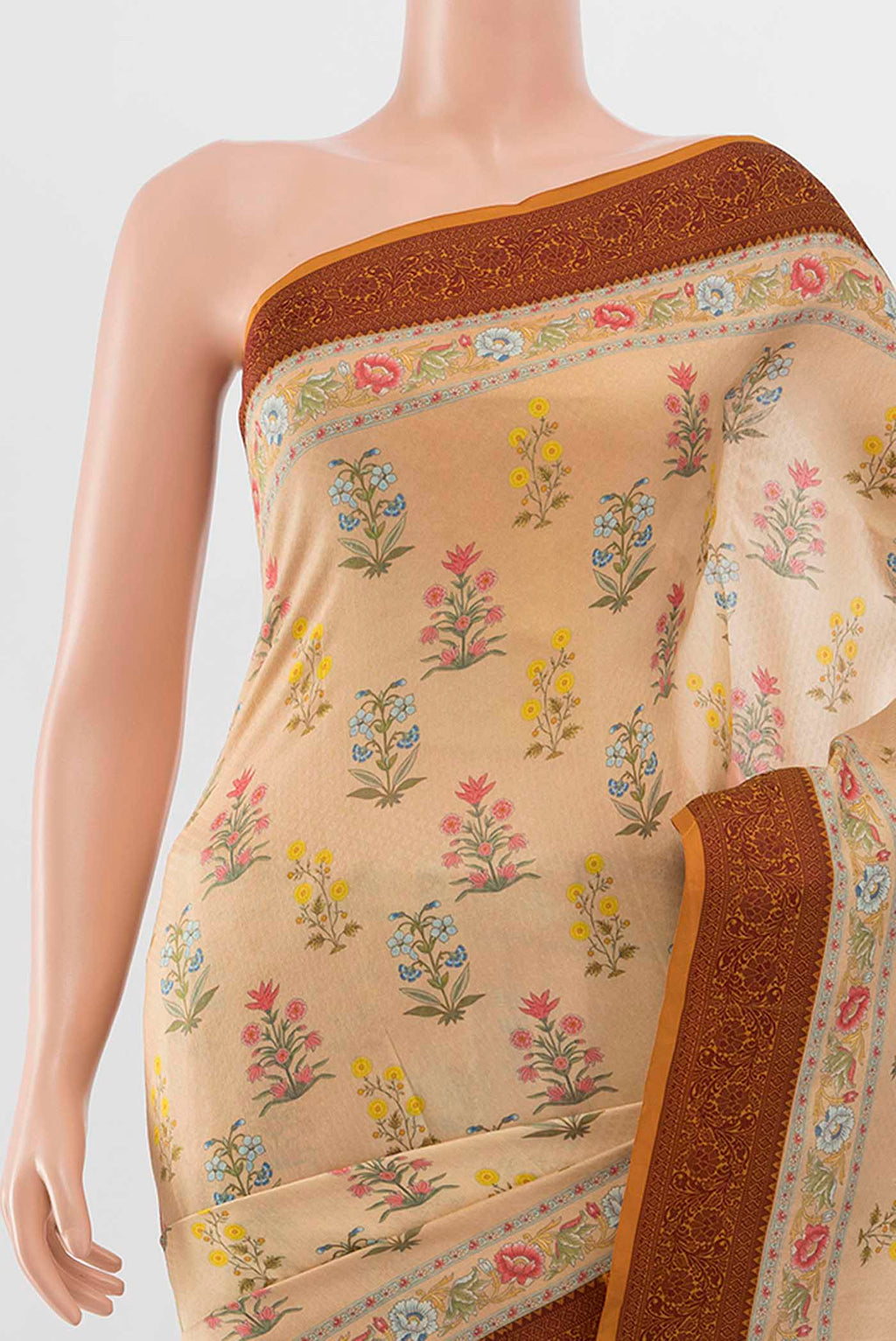 Border image of Sandal Printed Silk Saree with Floral Print on the body and Thread Border