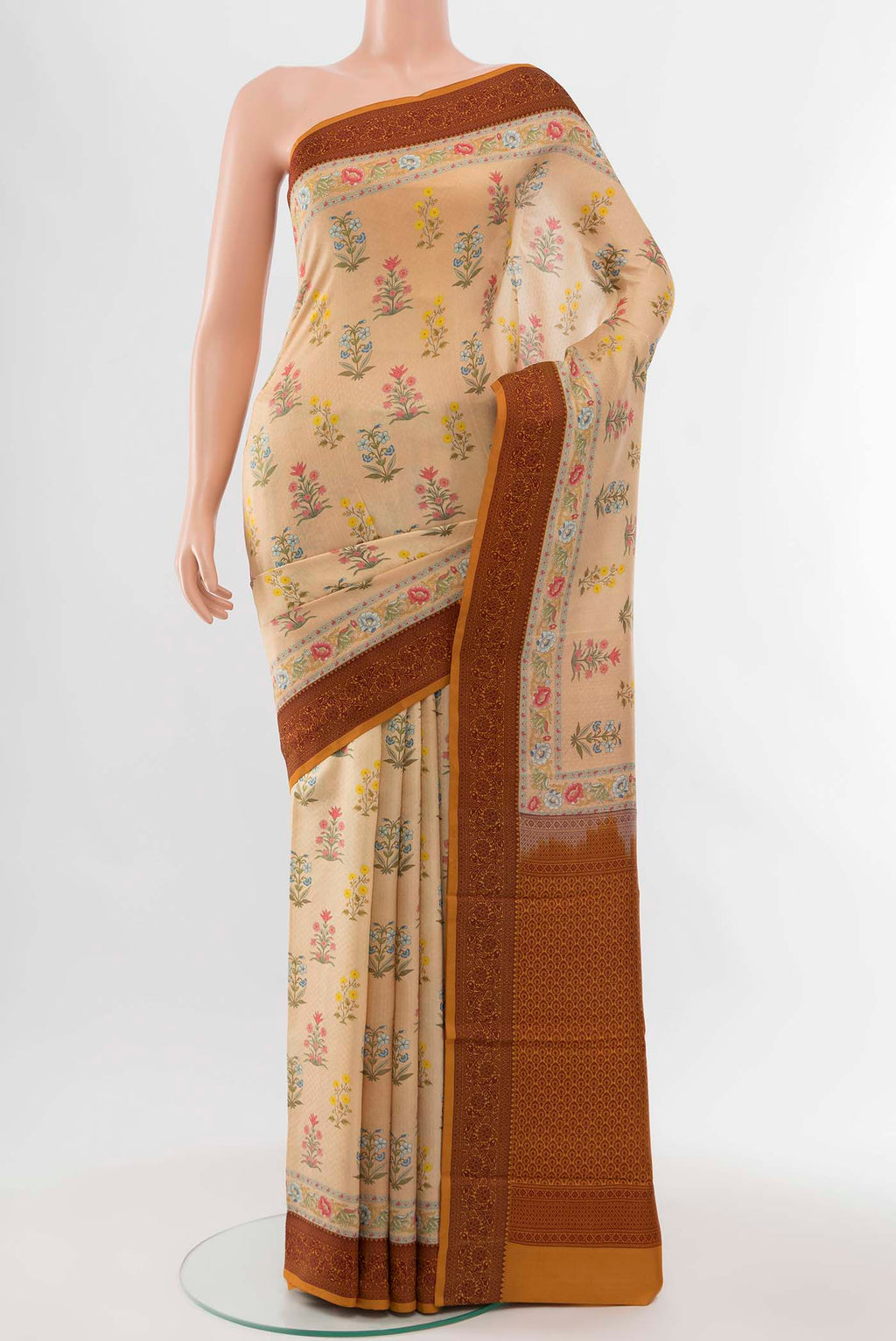 Sandal Printed Silk Saree with Floral Print on the body and Thread Border displayed on a mannequin