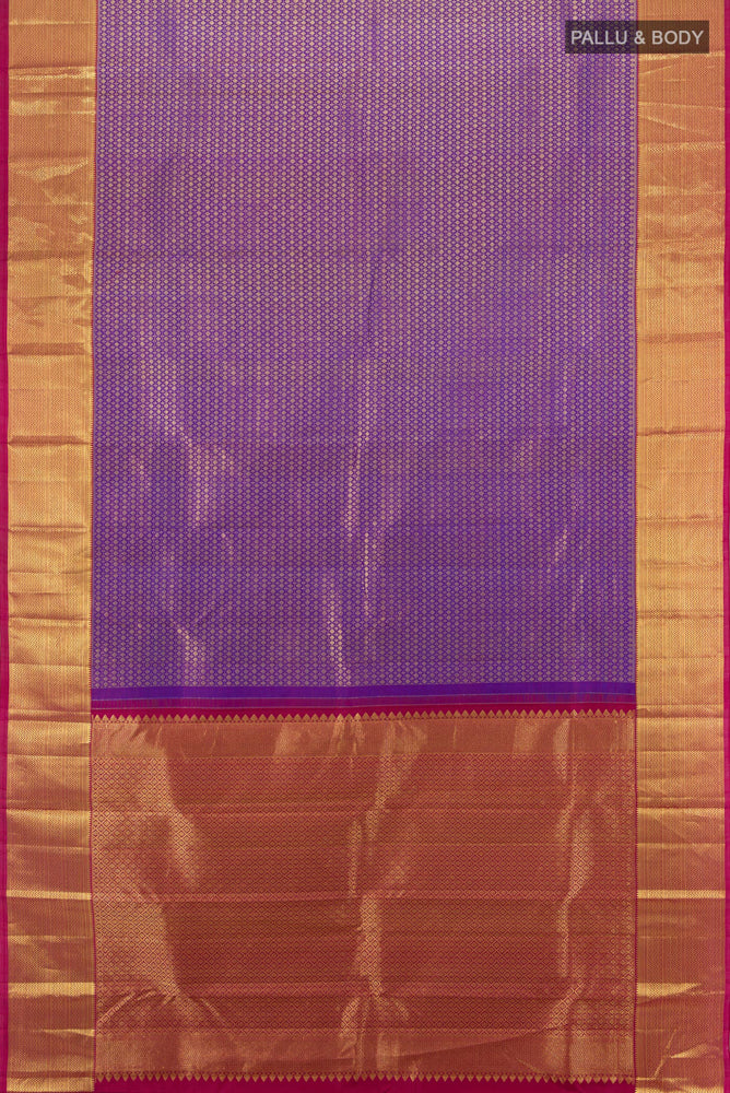 Flat view of Purple Kanjivaram Silk Saree with Zari Brocade on the body and Silk Border. 