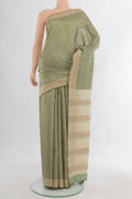 Sage Green Tussar Saree with Embroidery on the body and Embroidery Border.  displayed on a mannequin