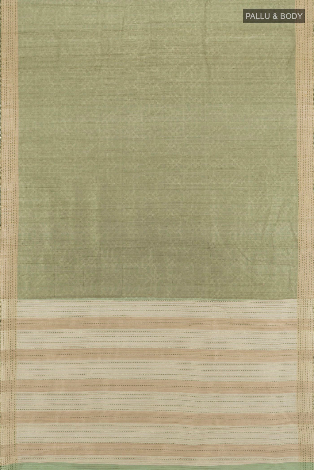 Flat view of Sage Green Tussar Saree with Embroidery on the body and Embroidery Border. 