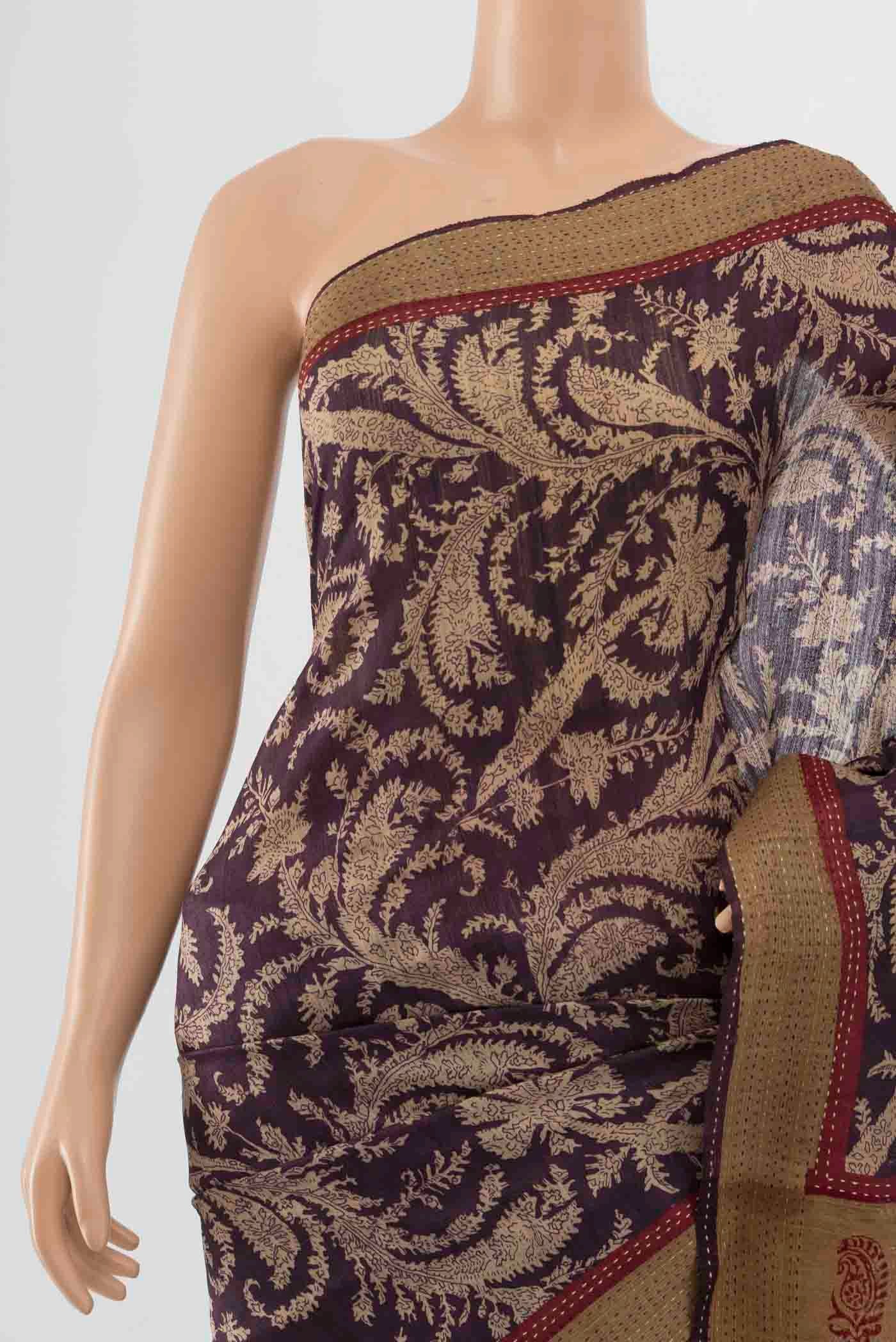 Border image of Coffee Brown Tussar Silk Saree with Floral Print on the body and Thread Border