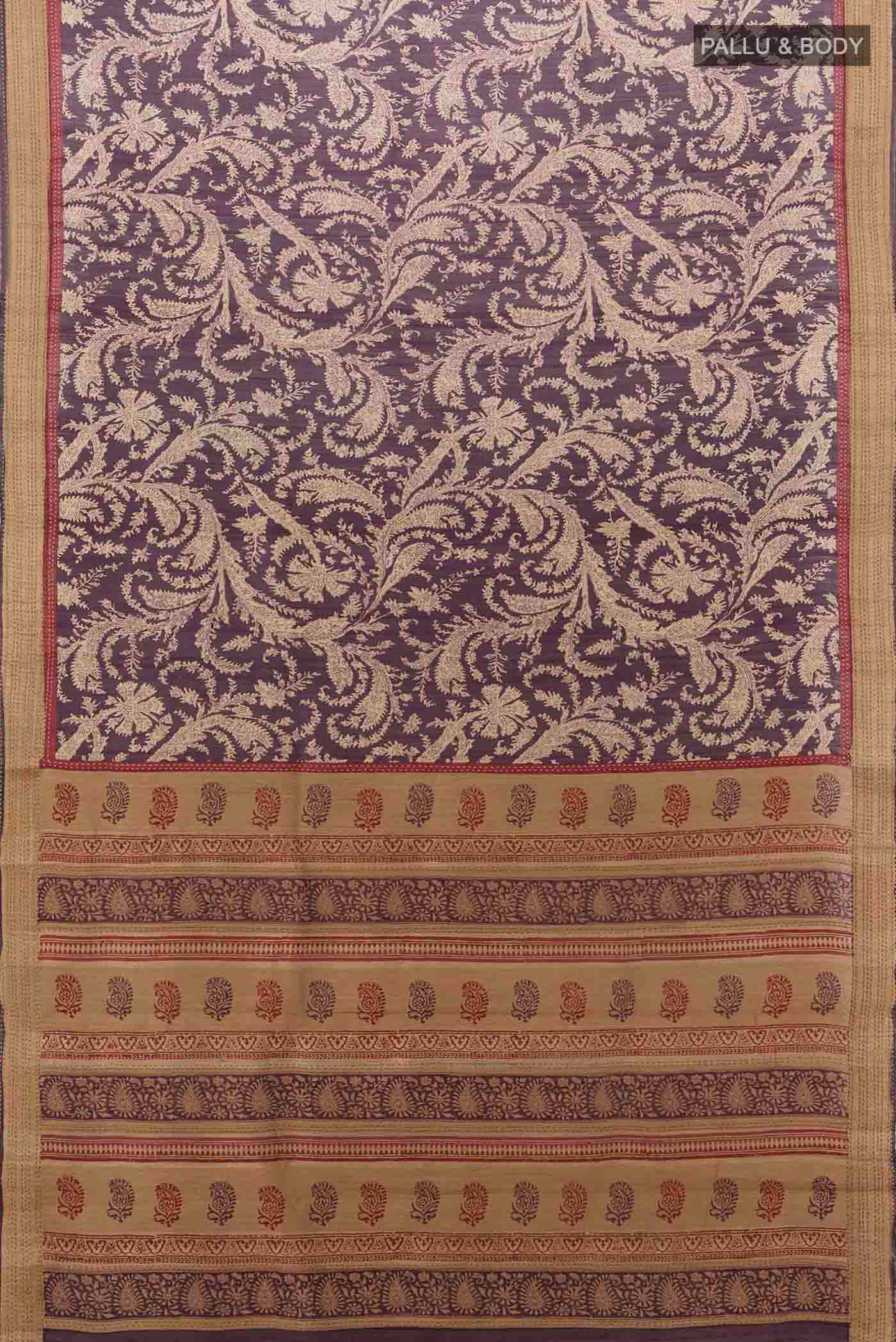 Flat view of Coffee Brown Tussar Silk Saree with Floral Print on the body and Thread Border