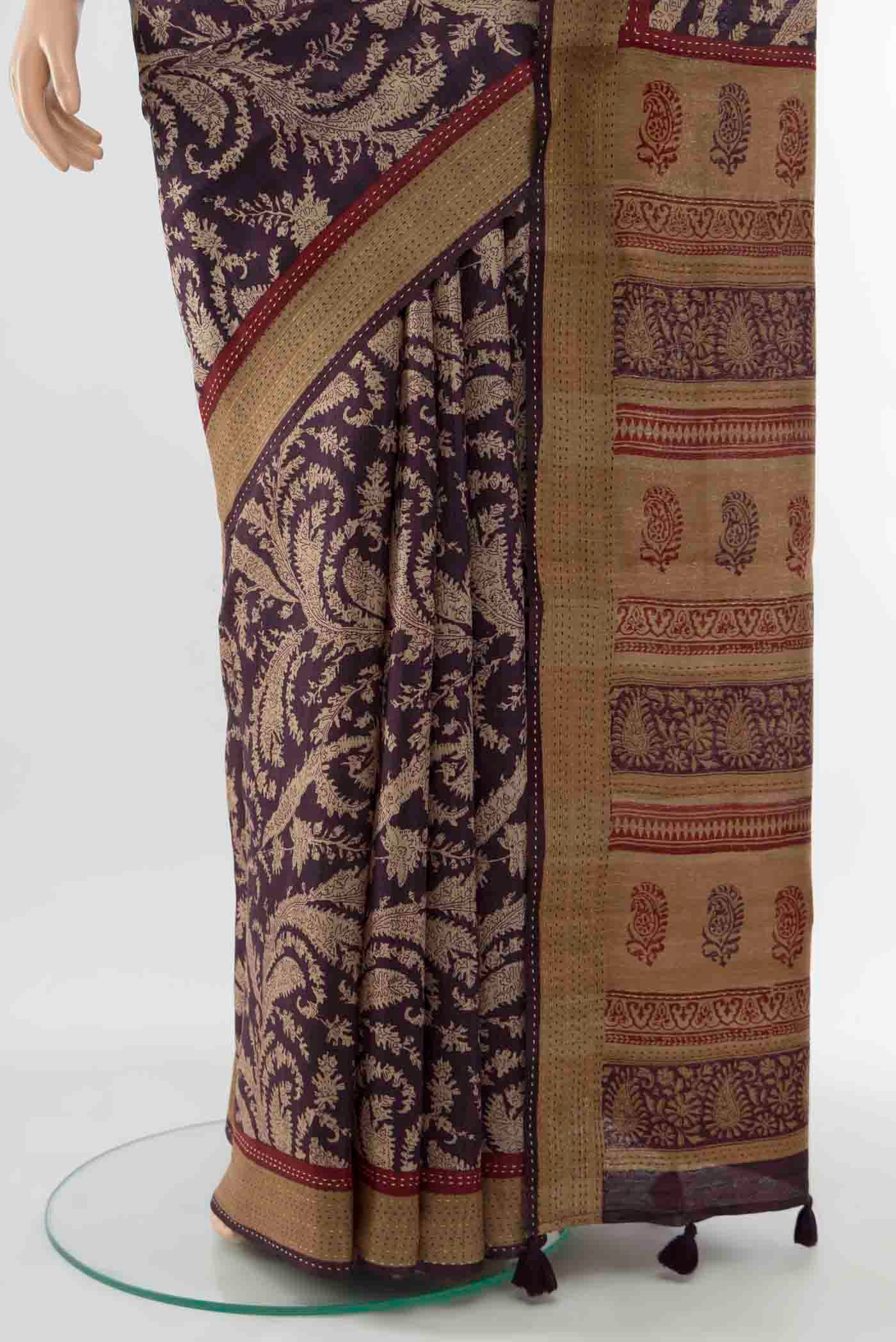 Pleats and pallu of Coffee Brown Tussar Silk Saree with Floral Print on the body and Thread Border