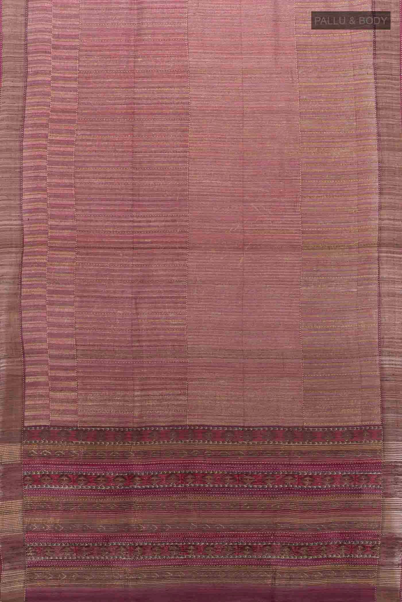 Flat view of Imperial Pink Tussar Silk Saree with Embroidery on the body and Thread Border