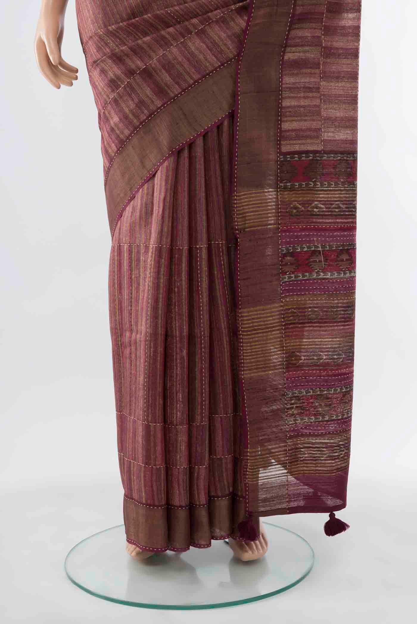 Pleats and pallu of Imperial Pink Tussar Silk Saree with Embroidery on the body and Thread Border