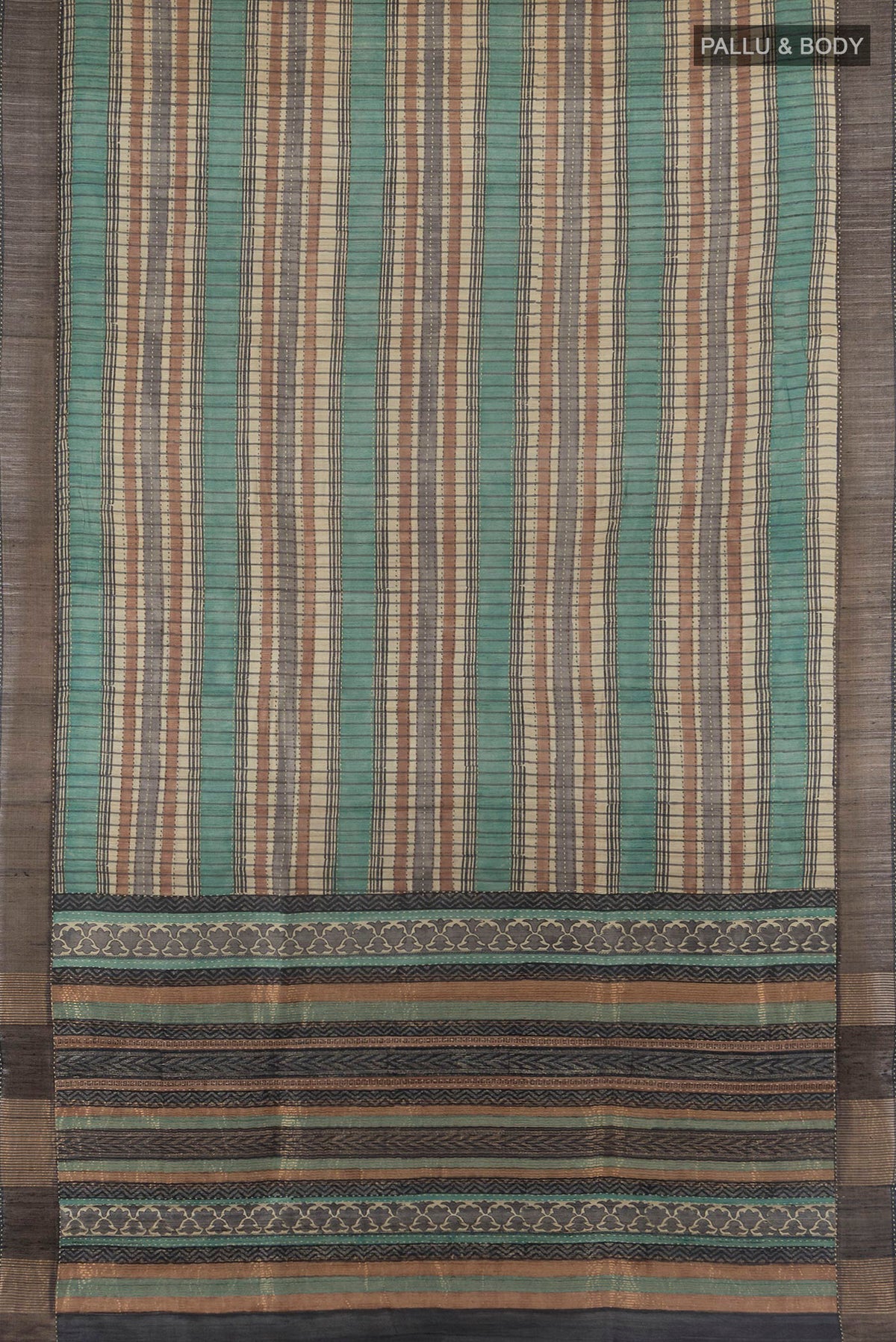 Flat view of Multi Color Tussar Saree with Printed design on the body and Zari Border. 