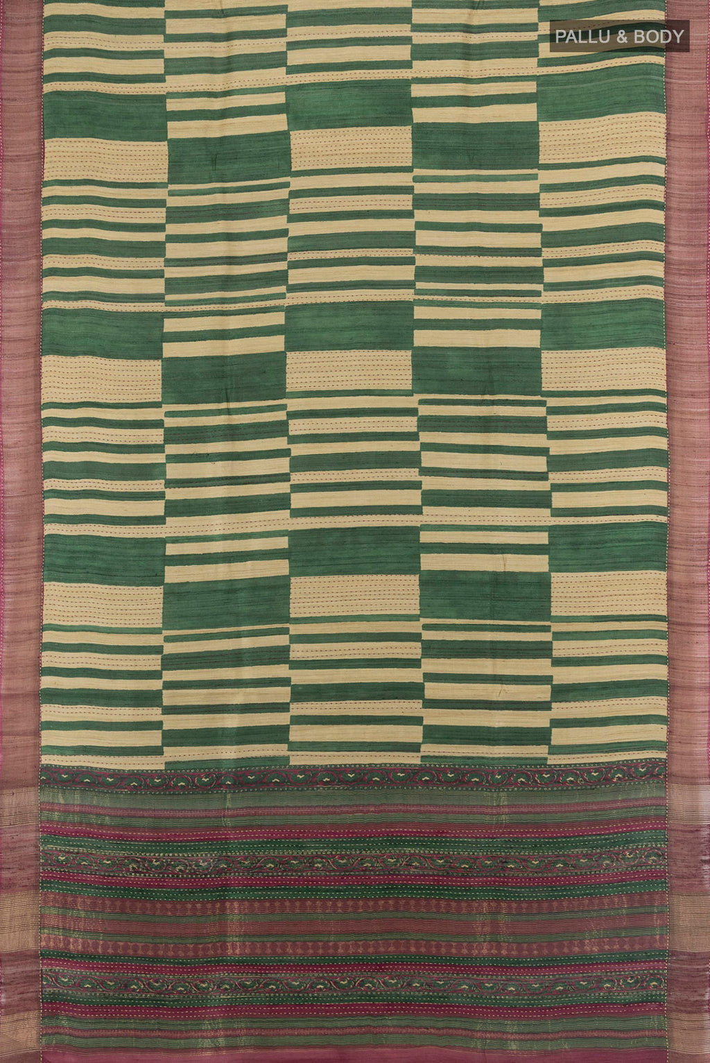 Flat view of Multi Color Tussar Saree with Floral Print on the body and Zari Border. 