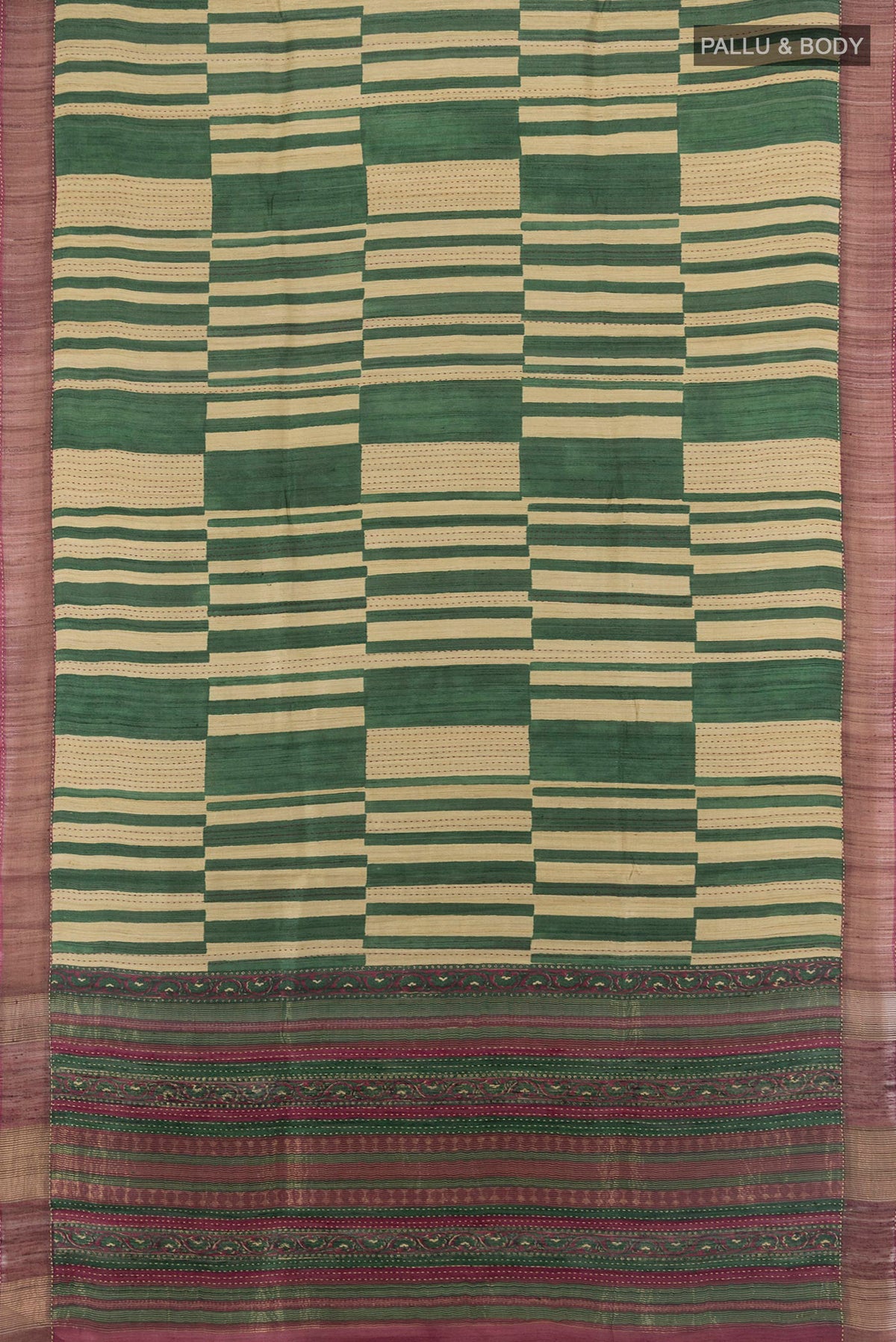 Flat view of Multi Color Tussar Saree with Floral Print on the body and Zari Border. 