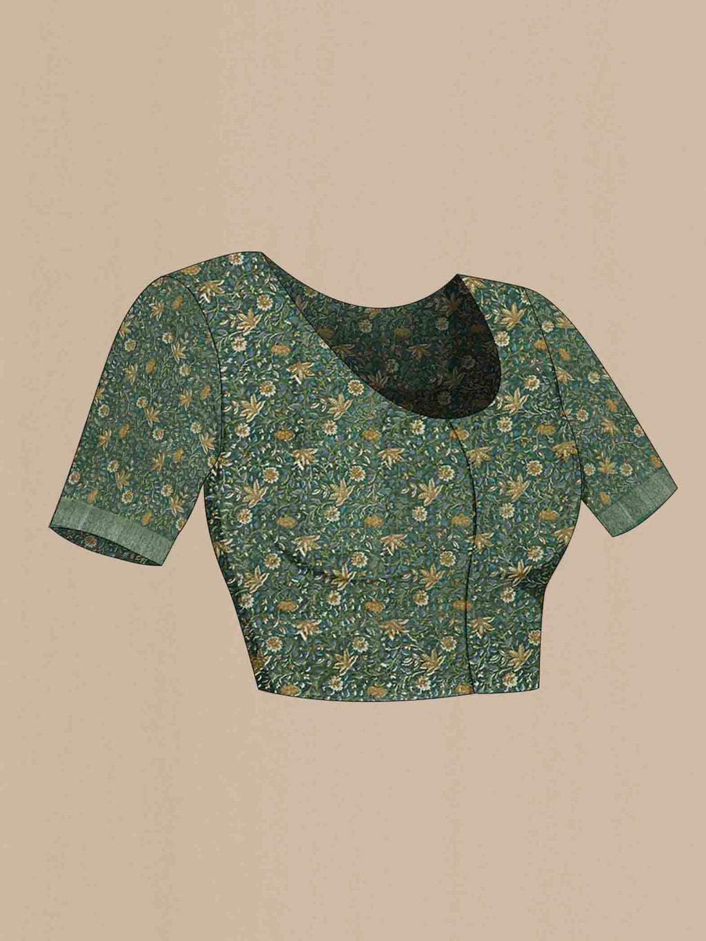 Close up image of the blouse of Beige Tussar Silk Saree with Embroidery on the body and Thread Border