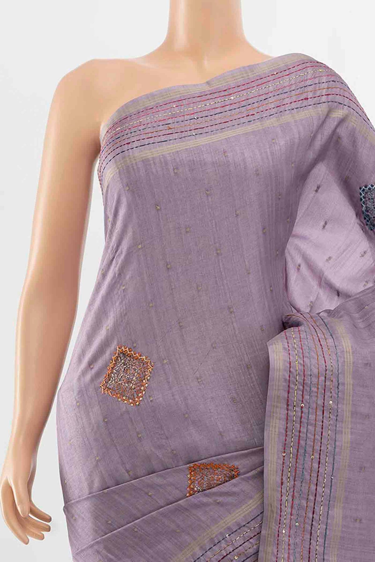 Border image of Lavender Blended Tussar Silk Saree with Embroidery on the body and Embroidery Border