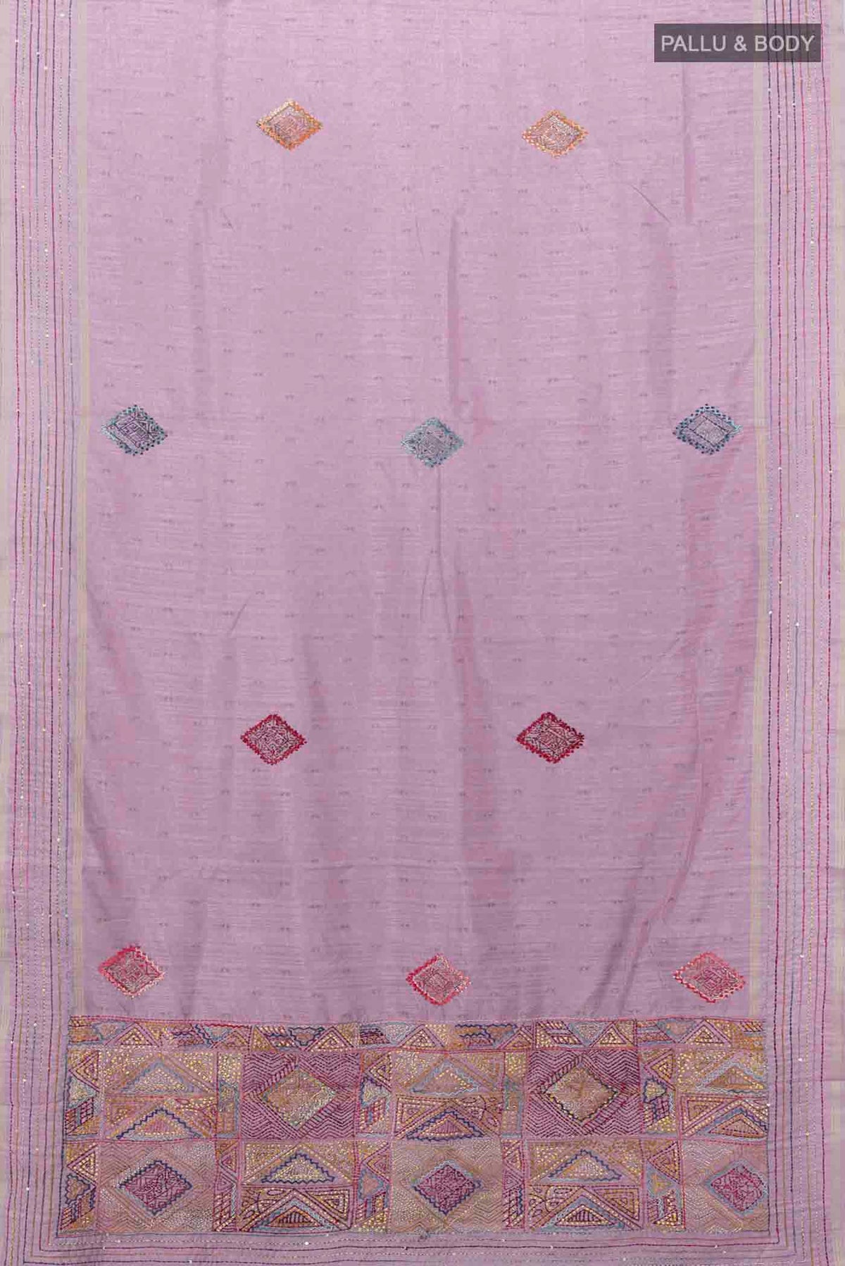 Flat view of Lavender Blended Tussar Silk Saree with Embroidery on the body and Embroidery Border