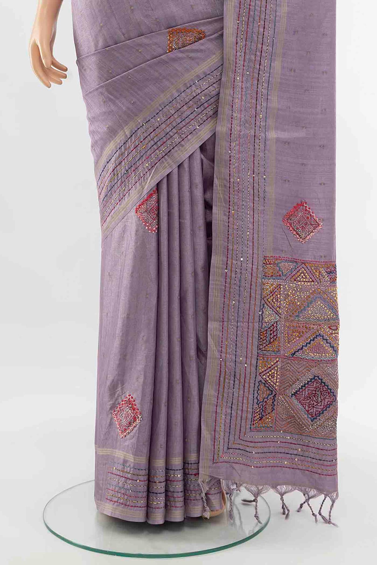 Pleats and pallu of Lavender Blended Tussar Silk Saree with Embroidery on the body and Embroidery Border