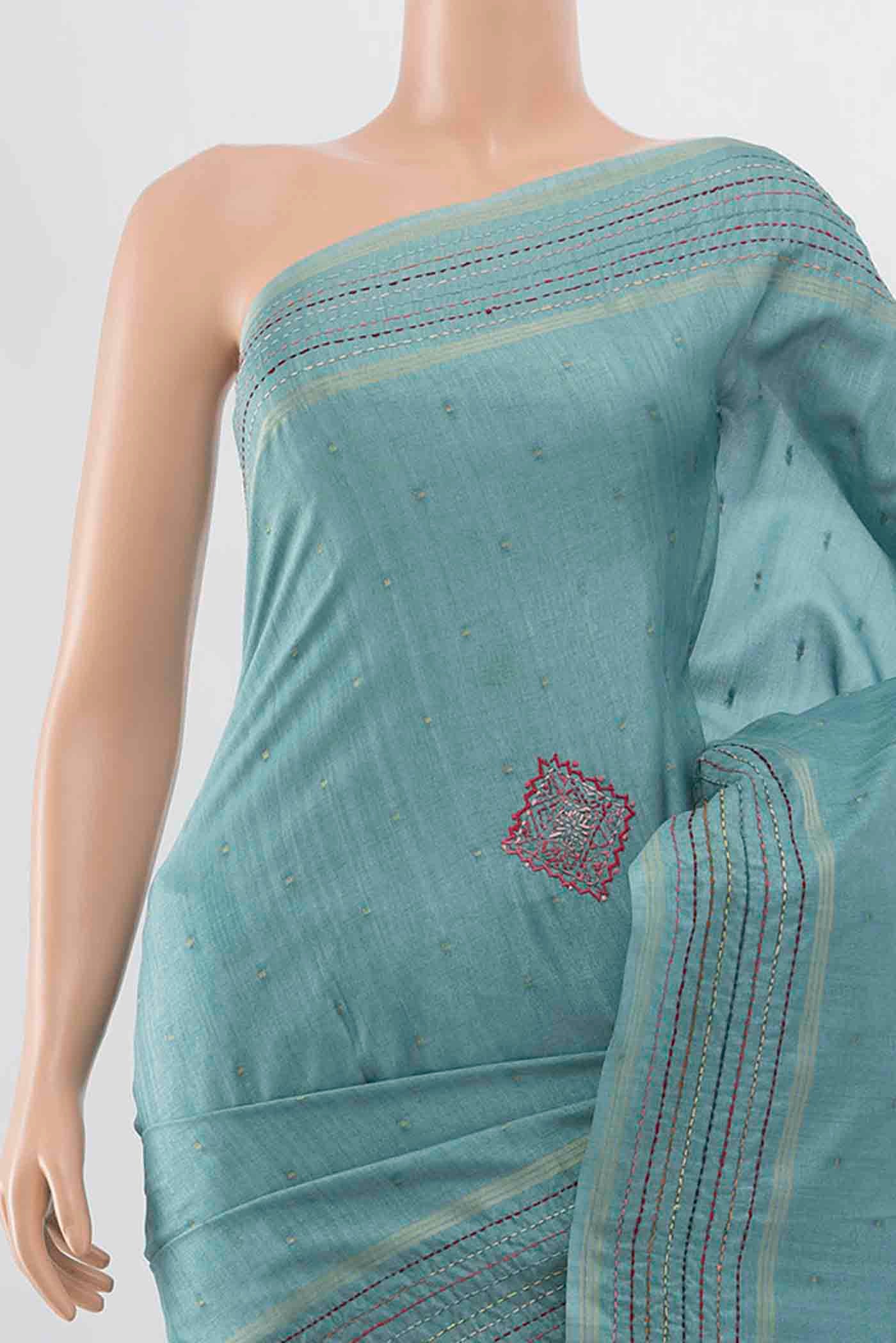 Border image of Light Blue Blended Tussar Silk Saree with Embroidery on the body and Embroidery Border