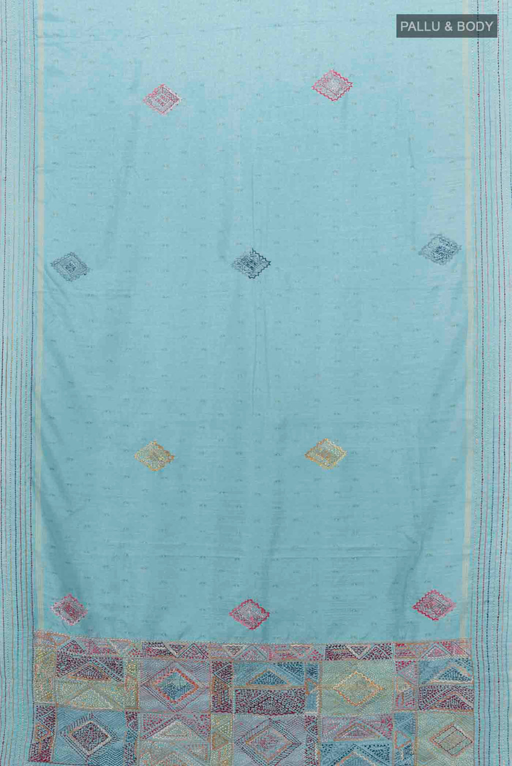 Flat view of Light Blue Blended Tussar Silk Saree with Embroidery on the body and Embroidery Border
